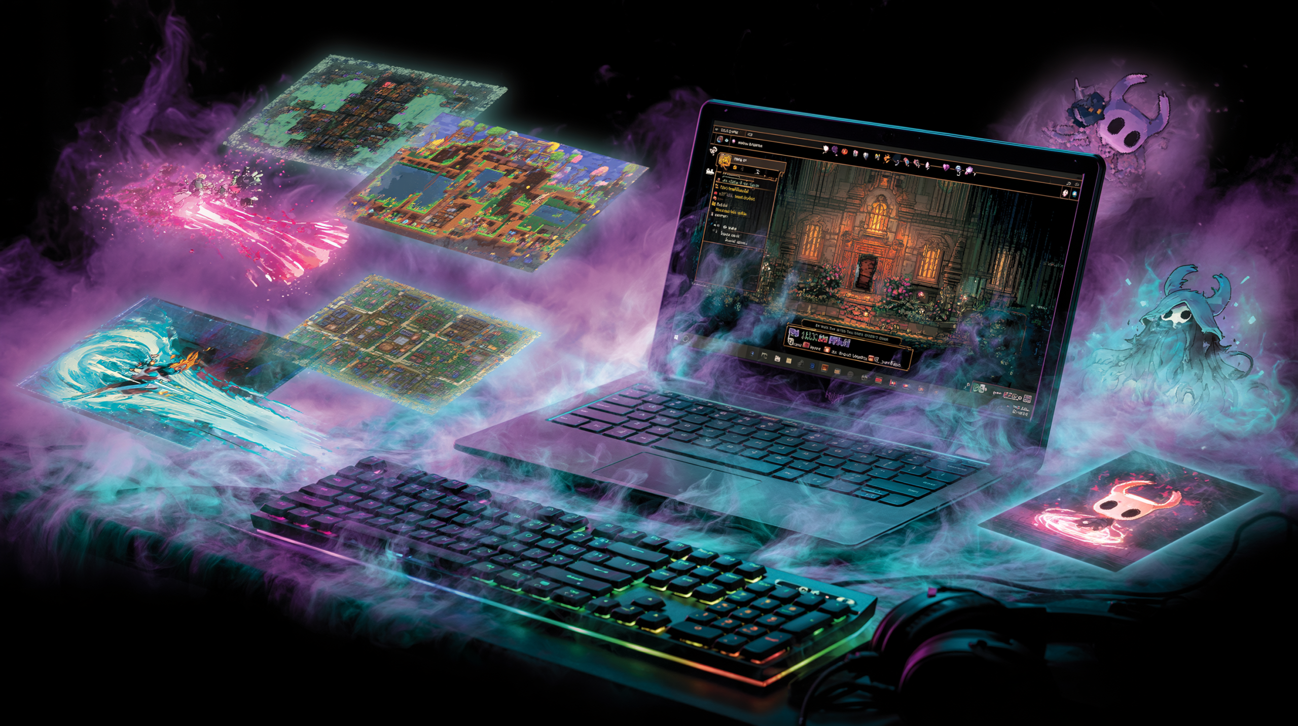 PC fraco com luzes RGB neon cercado por elementos de jogos como Hades II, Terraria e Hollow Knight