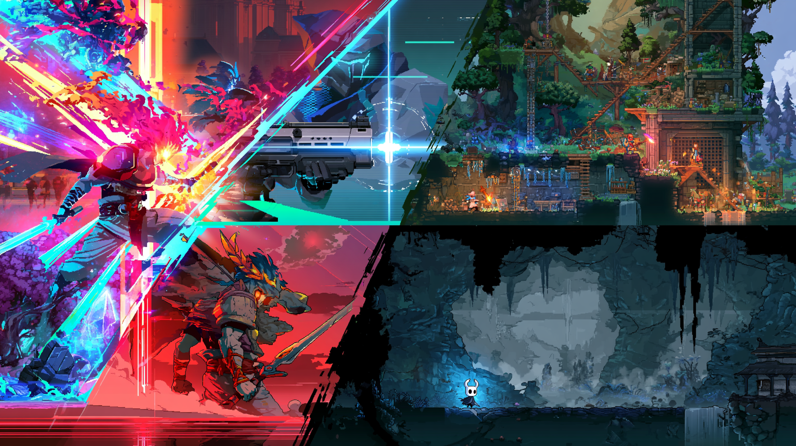 Composição dividida mostrando gameplay de Hades II, Terraria, Valorant e Hollow Knight em ação simultânea
