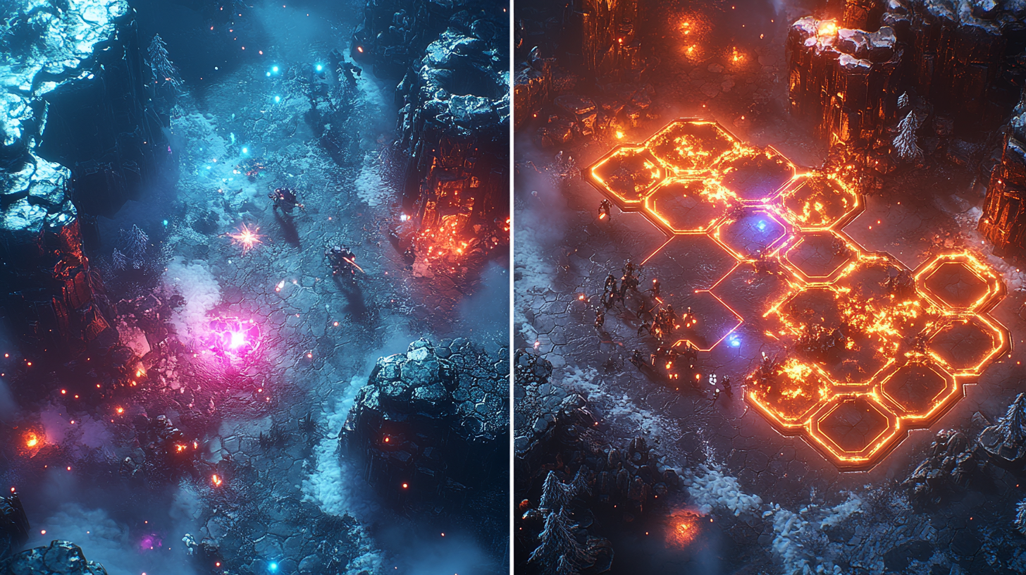 Comparação lado a lado entre combate ação RPG mobile frenético e estratégico RPG mobile com turnos, mostrando diferenças visuais e mecânicas.