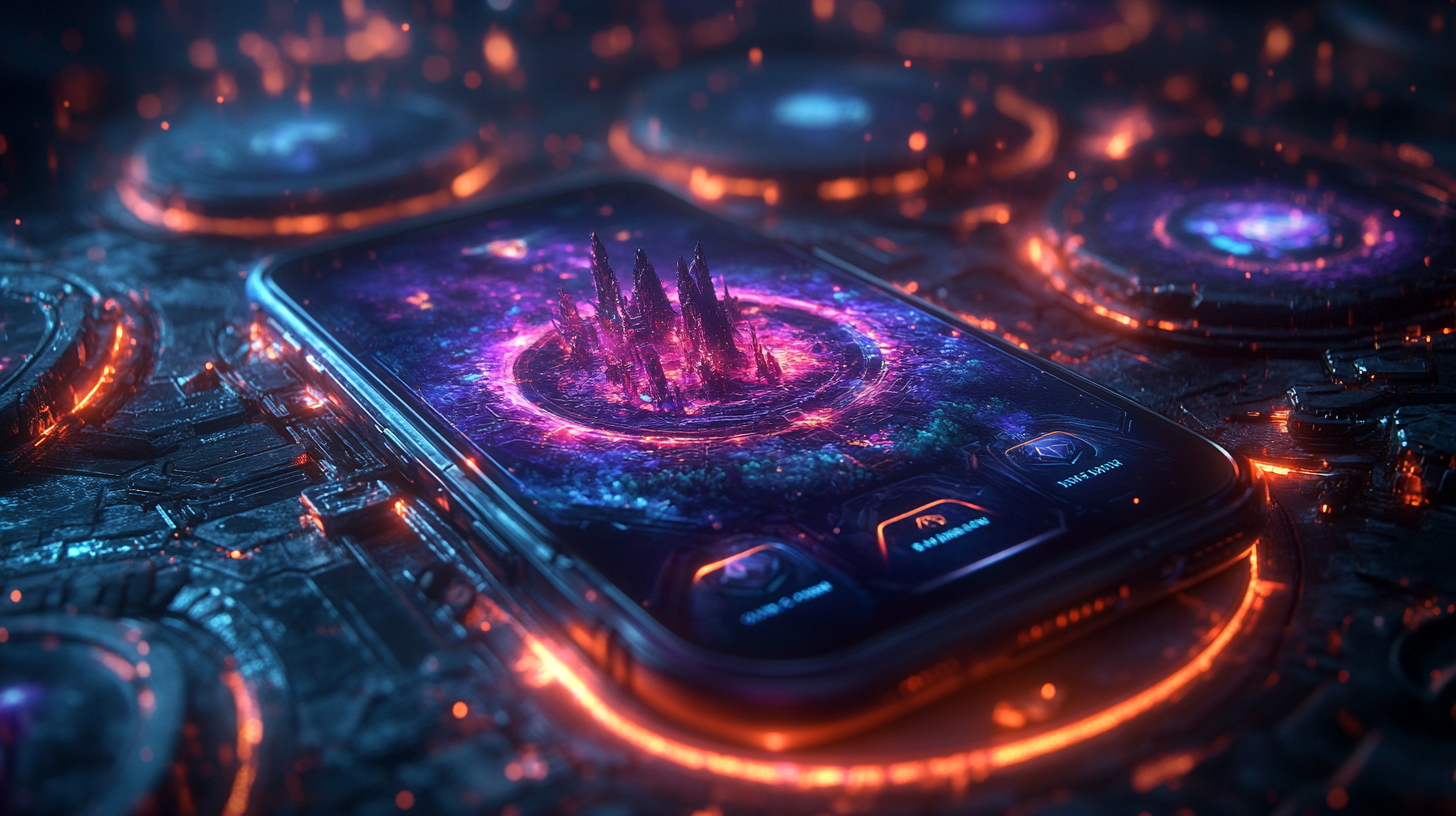Um smartphone exibindo diferentes interfaces de jogos RPG mobile com personagens de fantasia, elementos de UI luminosos e animações de combate dinâmicas.