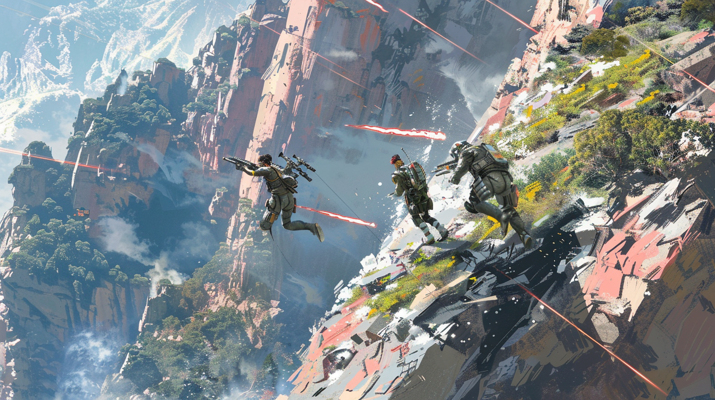Equipe de três jogadores em combate tático Apex Legends com habilidades únicas de personagens visíveis durante engajamento no battle royale