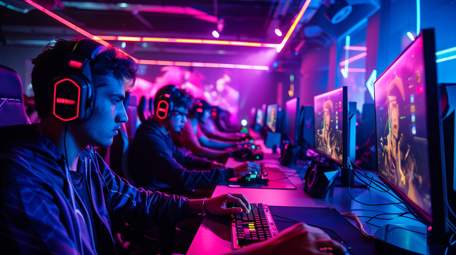 Profissionais de esports jogando FPS competitivos em setup de gaming high-end com iluminação neon em ambiente de torneio