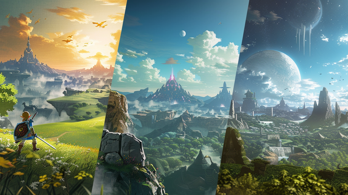 Comparação visual dos três melhores jogos de aventura Nintendo Switch: Zelda Breath of the Wild, Metroid Prime Remastered e Snufkin Melody of Moominvalley