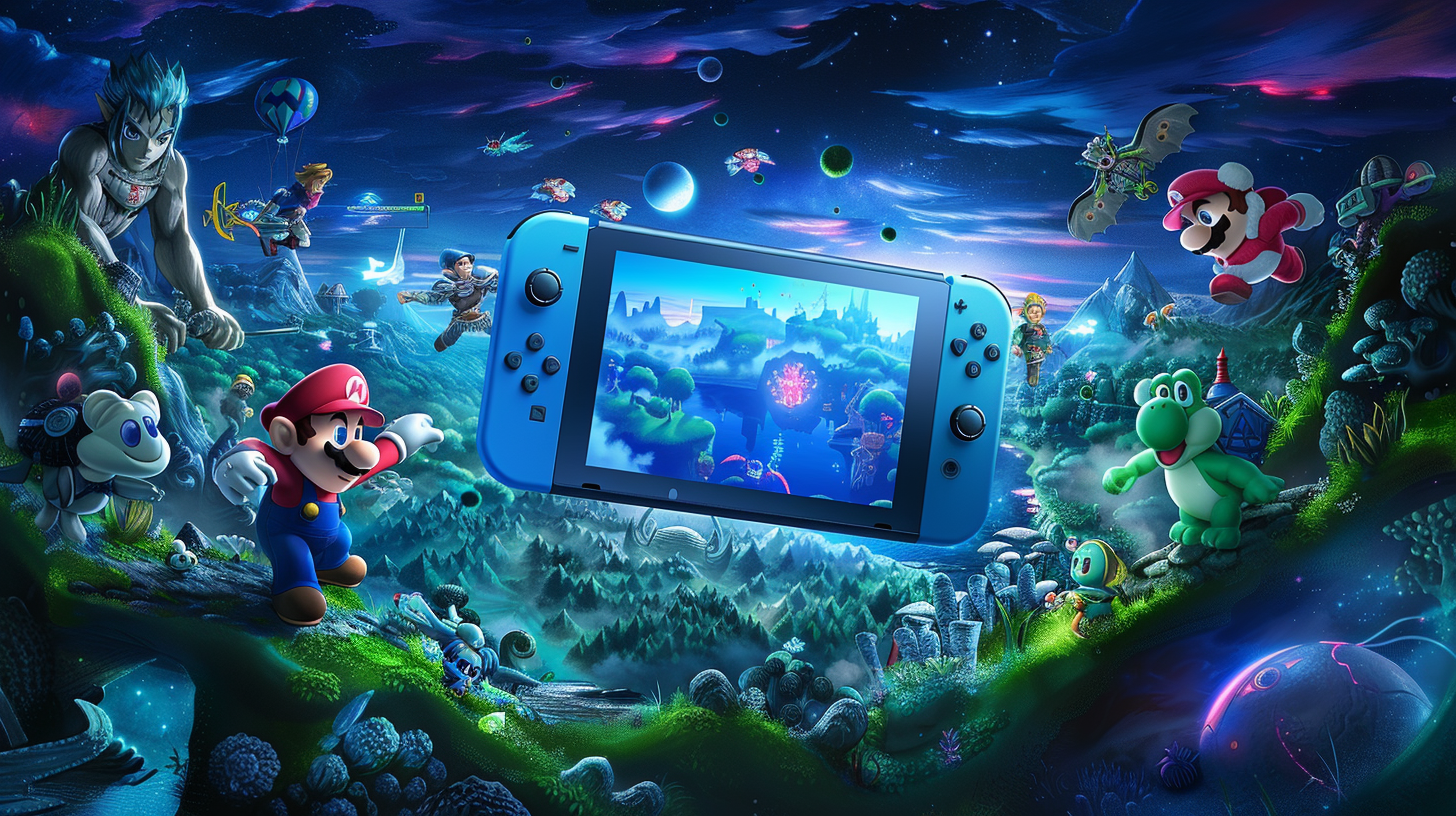 Nintendo Switch com personagens e cenários de jogos de aventura, incluindo elementos de Zelda, Metroid e Moomin