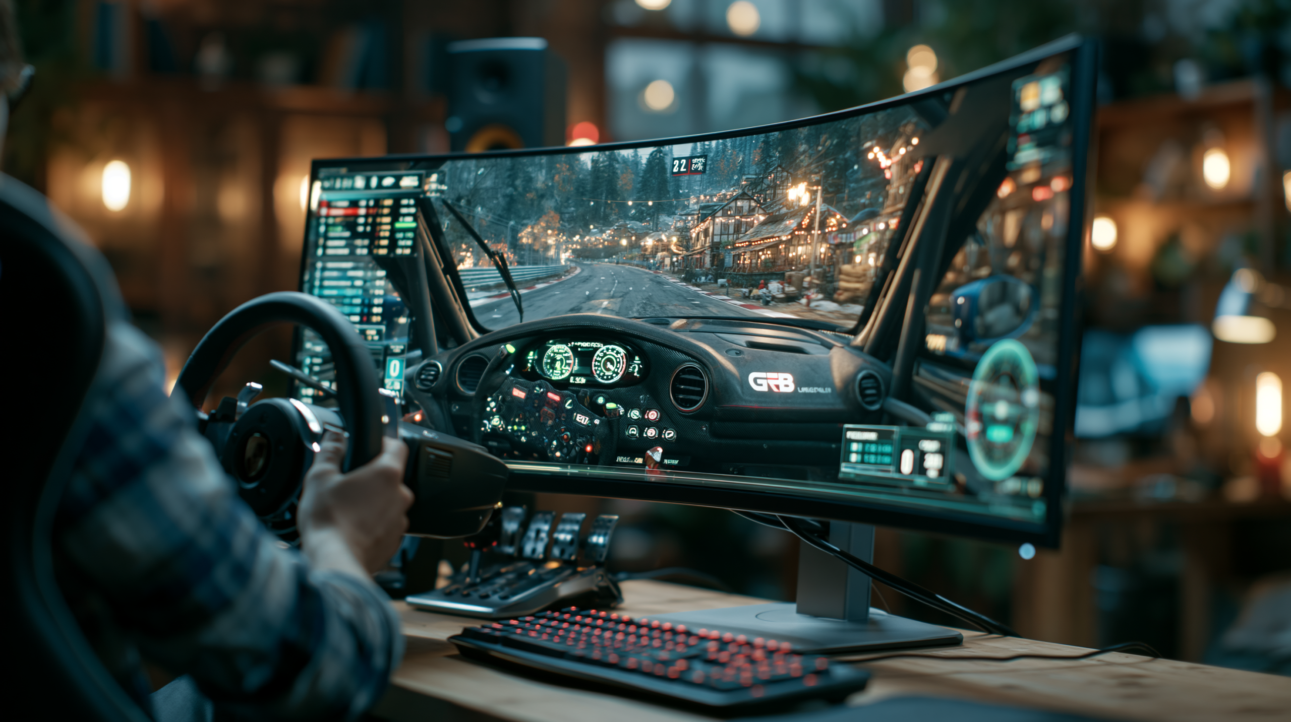 Configuração profissional de simulador de corrida com três monitores curvos, volante realista e pedais, exibindo vista cinemática de cockpit em pista de asfalto com iluminação cinematográfica de alta qualidade.