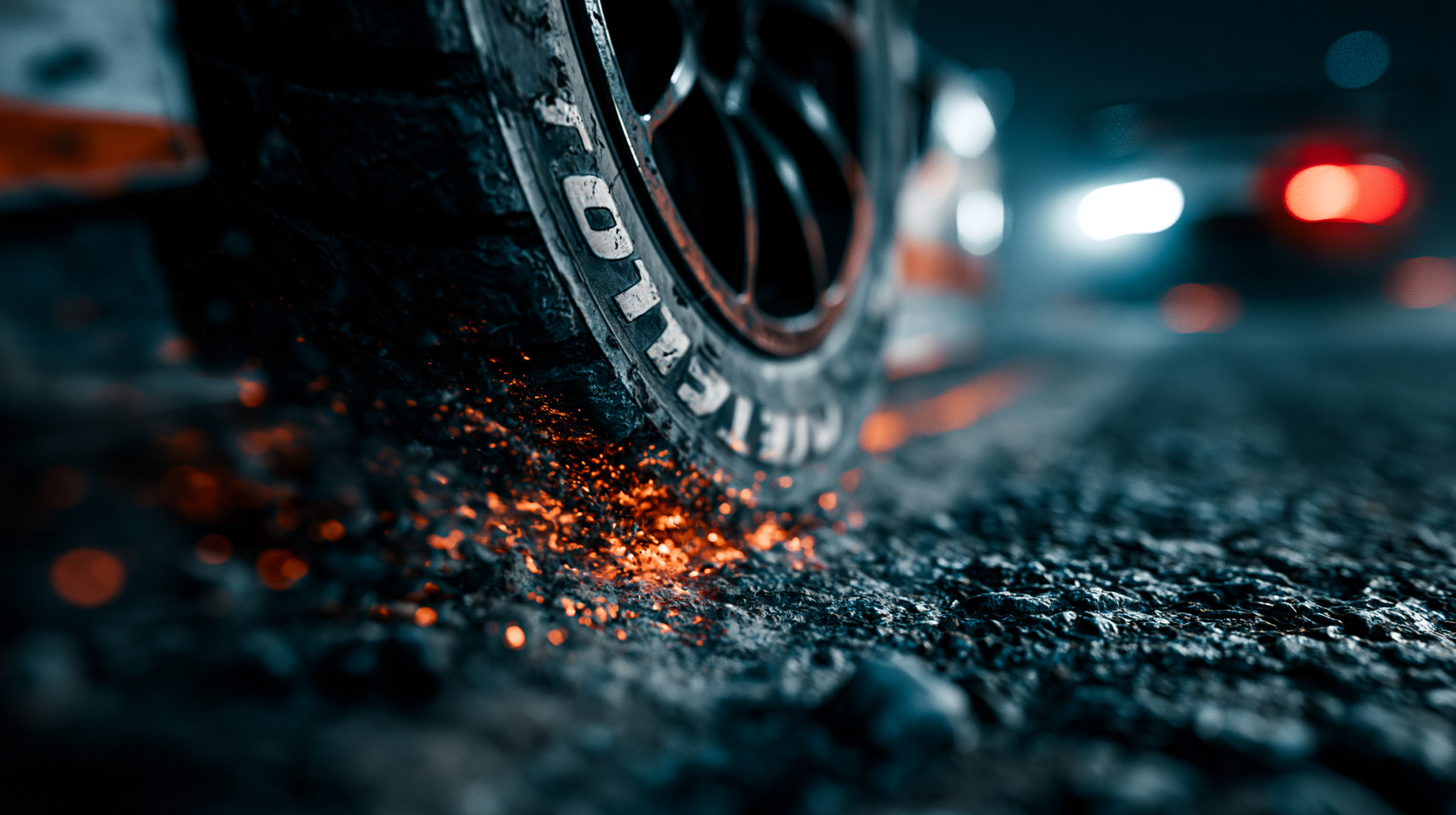 Detalhe ultra-realista de pneu de carro de corrida em contato com pista de asfalto, mostrando deformação física e marcas de calor, fotografia macro cinemática com qualidade de simulador realista.
