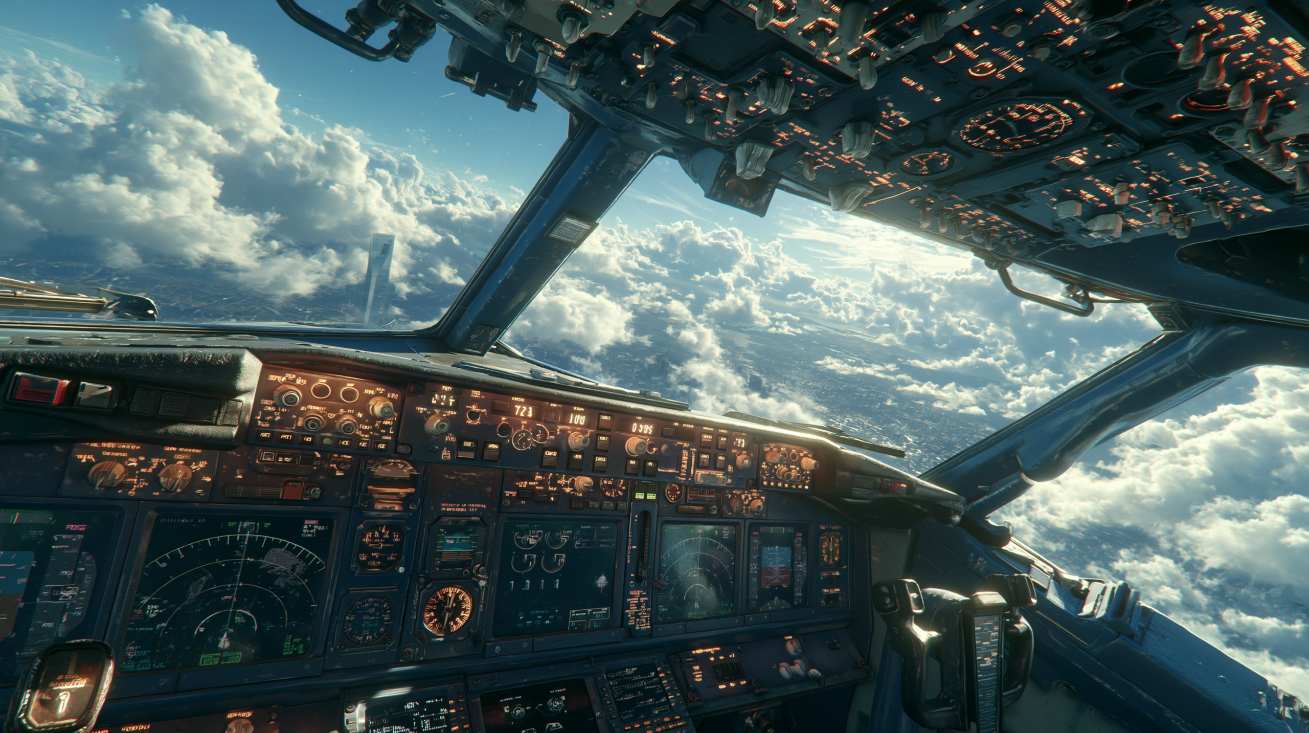 Vista fotorrealista do cockpit de aeronave comercial durante voo, mostrando painel de instrumentos detalhado com indicadores realistas, janelas com vista cinematográfica de céu e nuvens, iluminação volumétrica profissional de simulador.