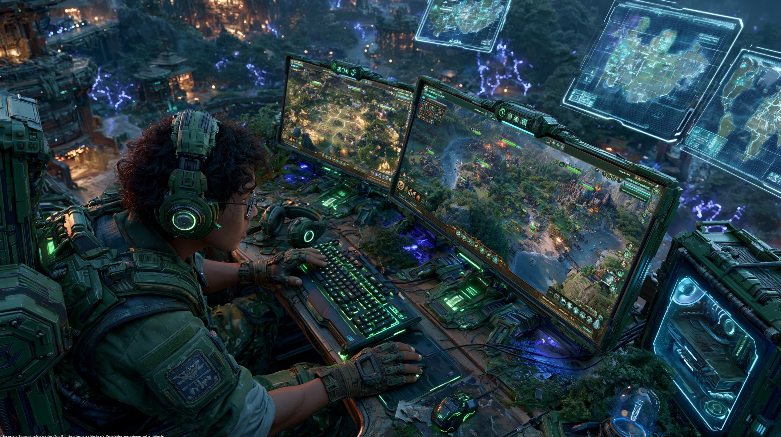 Composição visual de jogos de estratégia para PC em 2026 com interfaces de StarCraft II, Civilization 7 e Total War Warhammer 3 em ambiente gamer futurista com iluminação neon