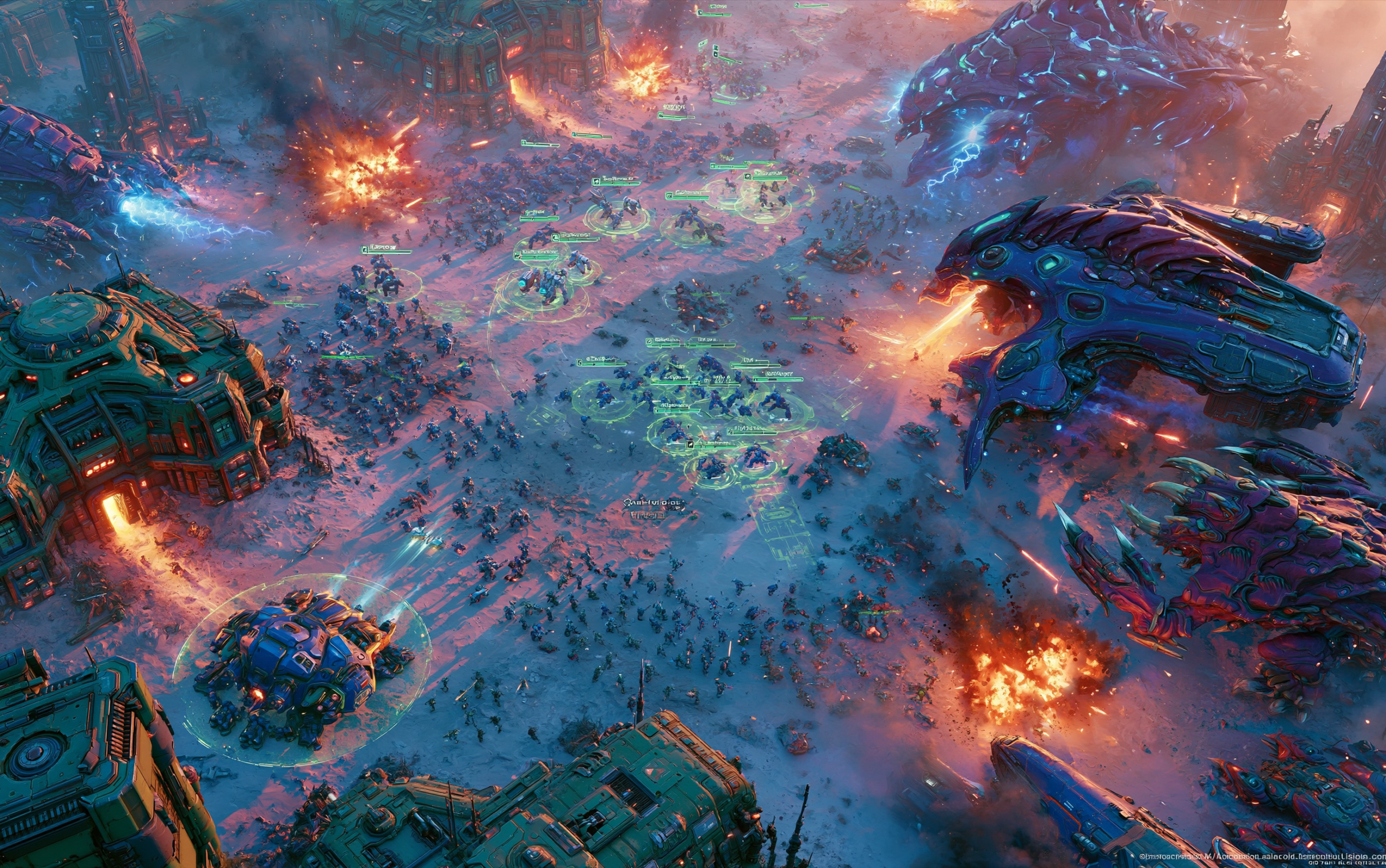 Cena de batalha estratégia em tempo real com unidades de StarCraft II em combate tático com vista isométrica e overlays visuais
