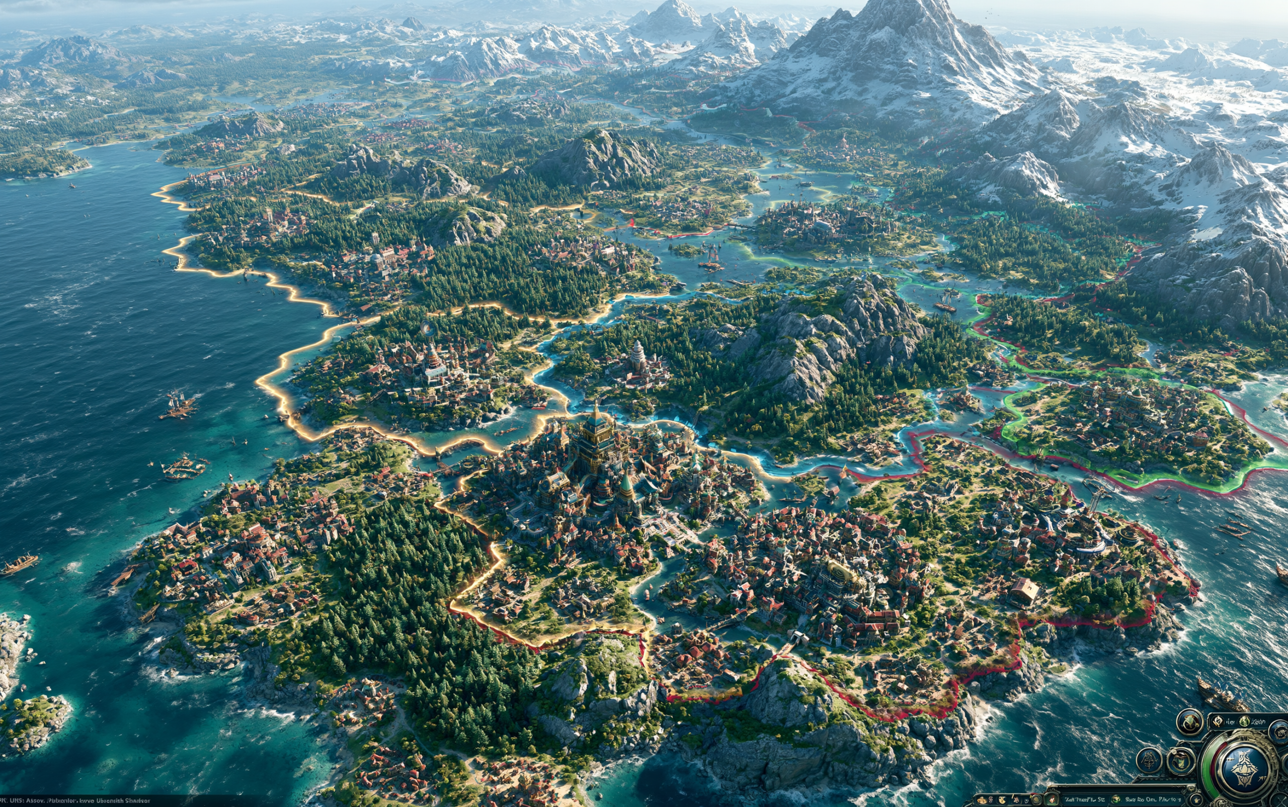 Vista estratégica expansionista de civilizações em mapa de jogo 4X com múltiplas cidades, territórios e fronteiras delimitadas por cores