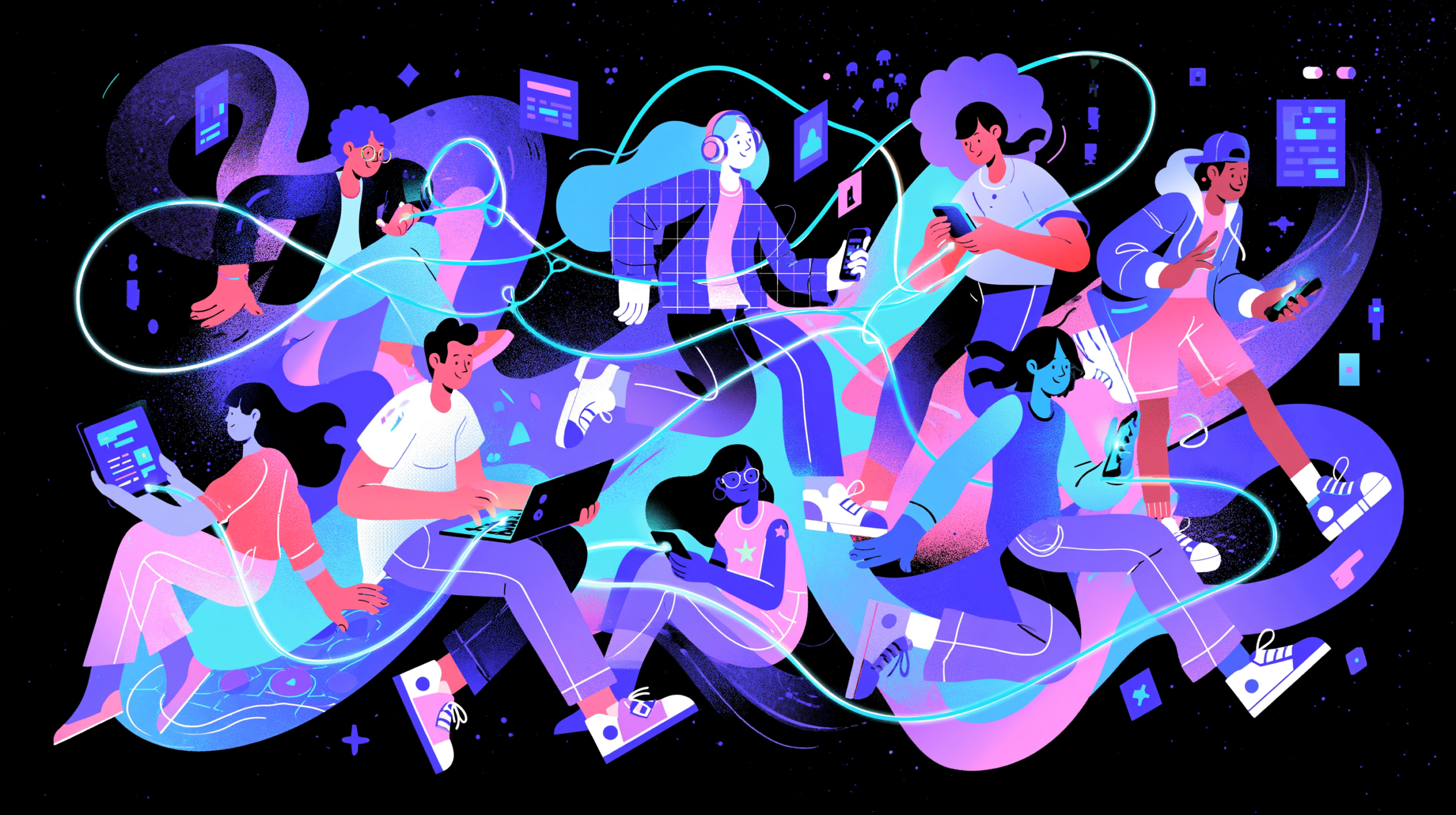 Ilustração mostrando múltiplos jogadores em diferentes dispositivos conectados através de uma janela do navegador, com elementos de interface de jogo flutuando ao redor.
