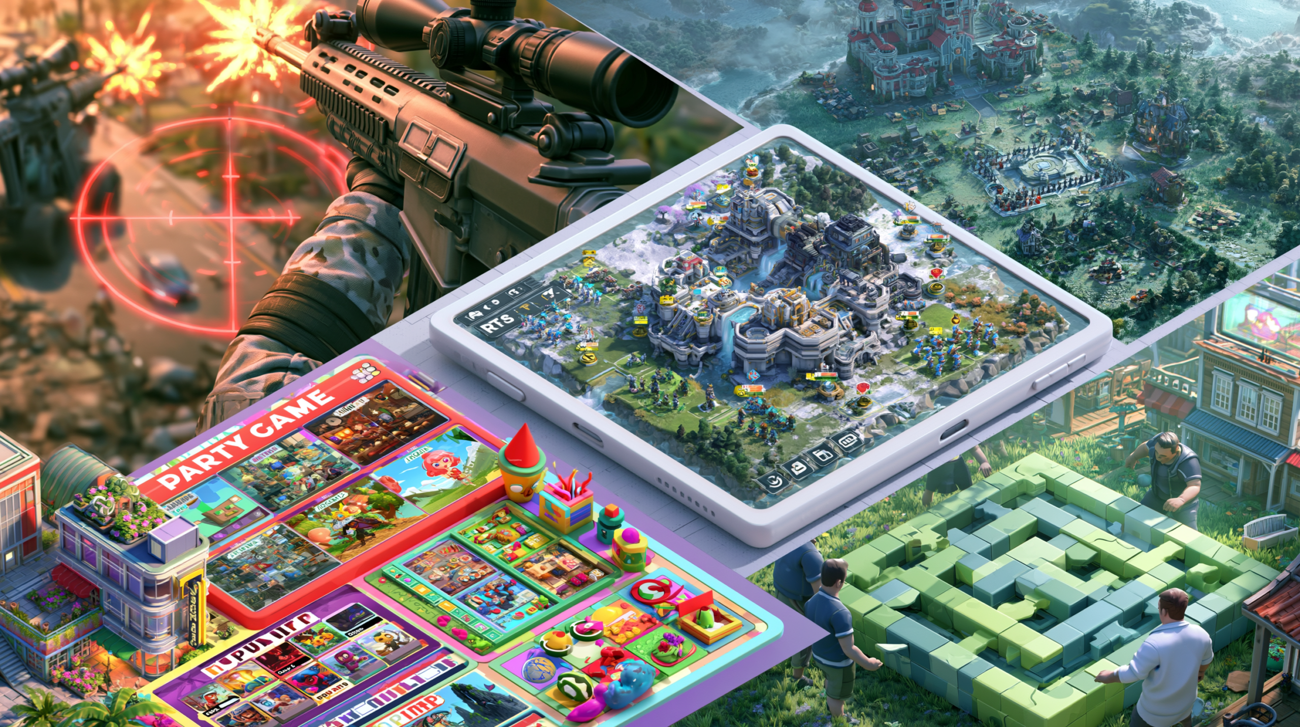 Grade mostrando quatro gêneros principais de jogos browser: FPS competitivo, estratégia em tempo real, party games sociais e puzzles cooperativos.