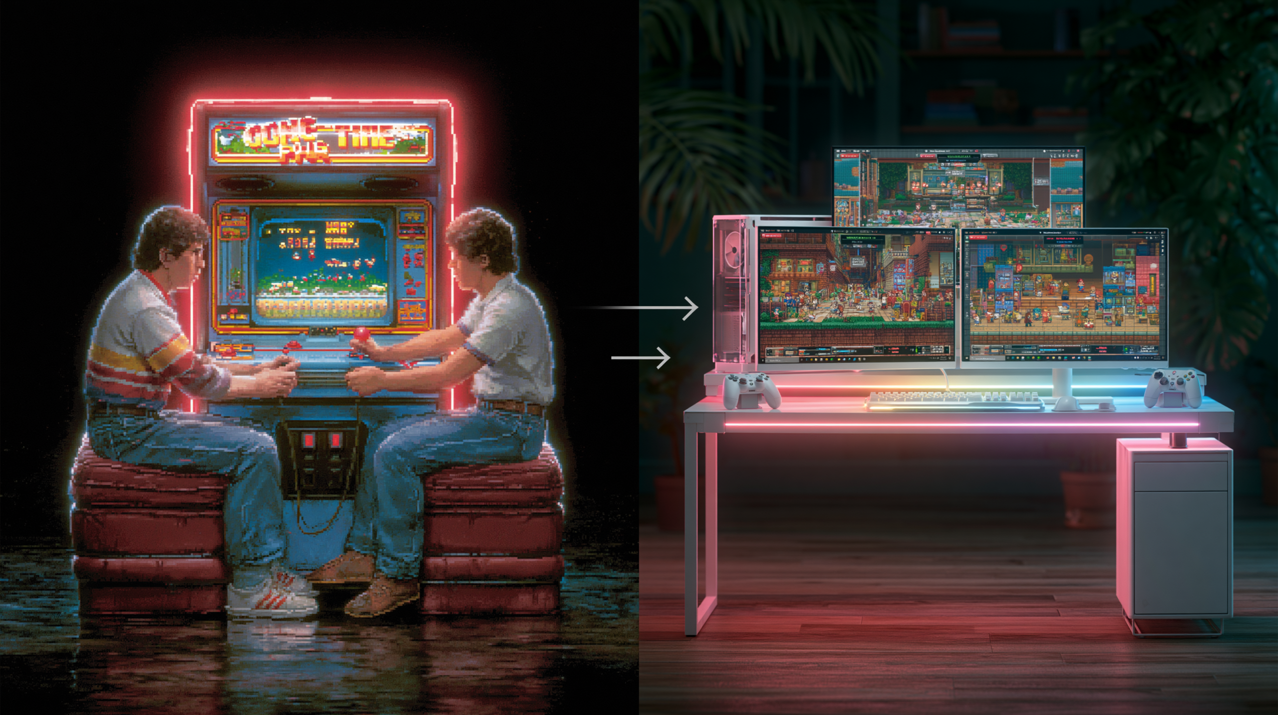Comparação visual entre jogos cooperativos dos anos 80 com arcade compartilhado e jogos online modernos com múltiplas telas e conexão global.