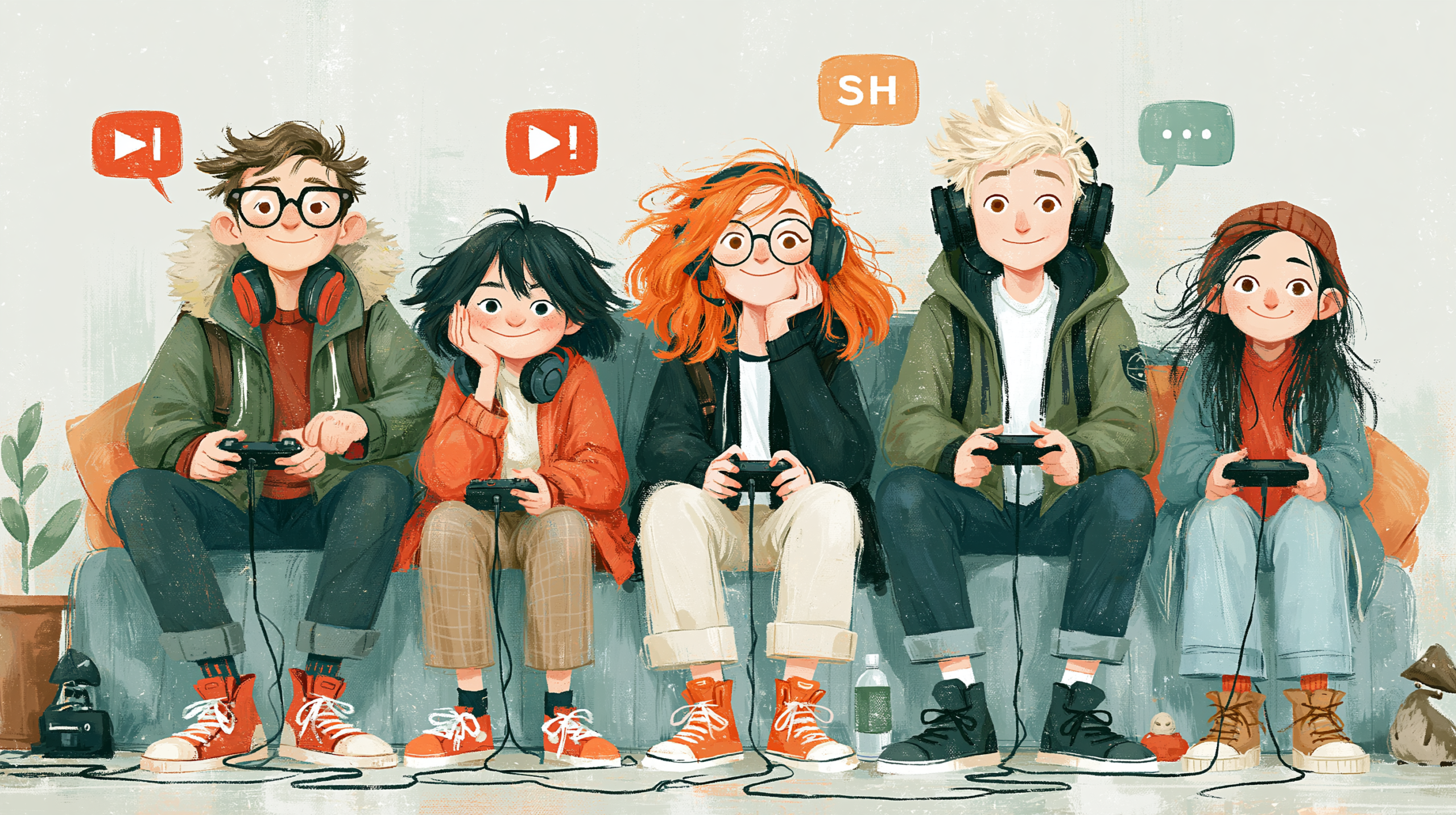Grupo diverso de amigos jogando cooperativo online com expressões alegres, suporte mútuo e comunicação estratégica, ilustrando os benefícios sociais e psicológicos do jogo cooperativo.
