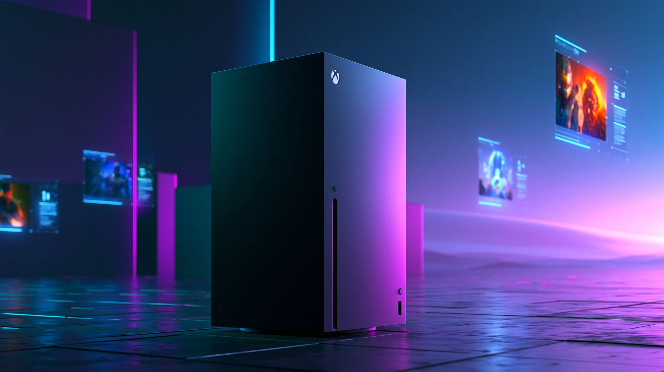 Console Xbox Series X em ambiente futurista minimalista com iluminação neon azul e roxa, cercado por elementos holográficos representando lançamentos de jogos