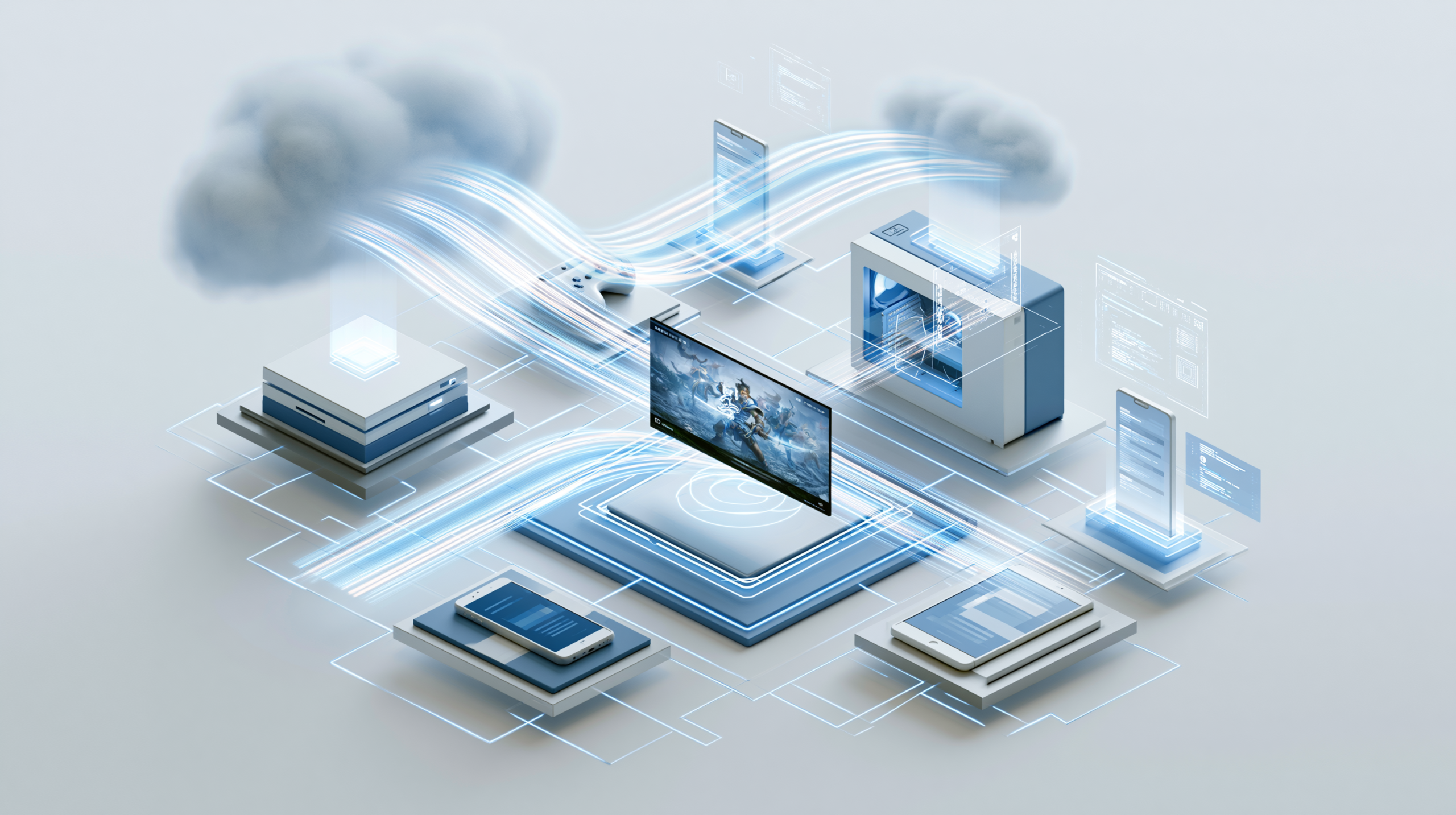 Visualização de ecossistema digital interconectado mostrando console, PC e dispositivos móveis integrados com tecnologia de nuvem e redes de dados