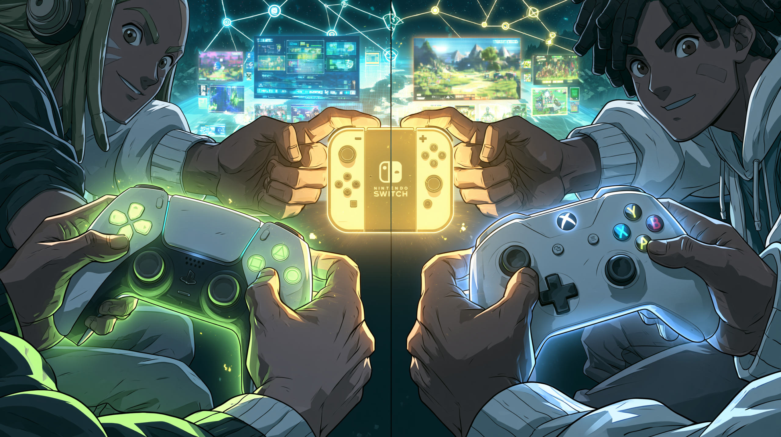 Jogadores diversos com controles de PlayStation 5, Xbox Series X e Nintendo Switch 2 em ambiente de gaming digital com iluminação neon.