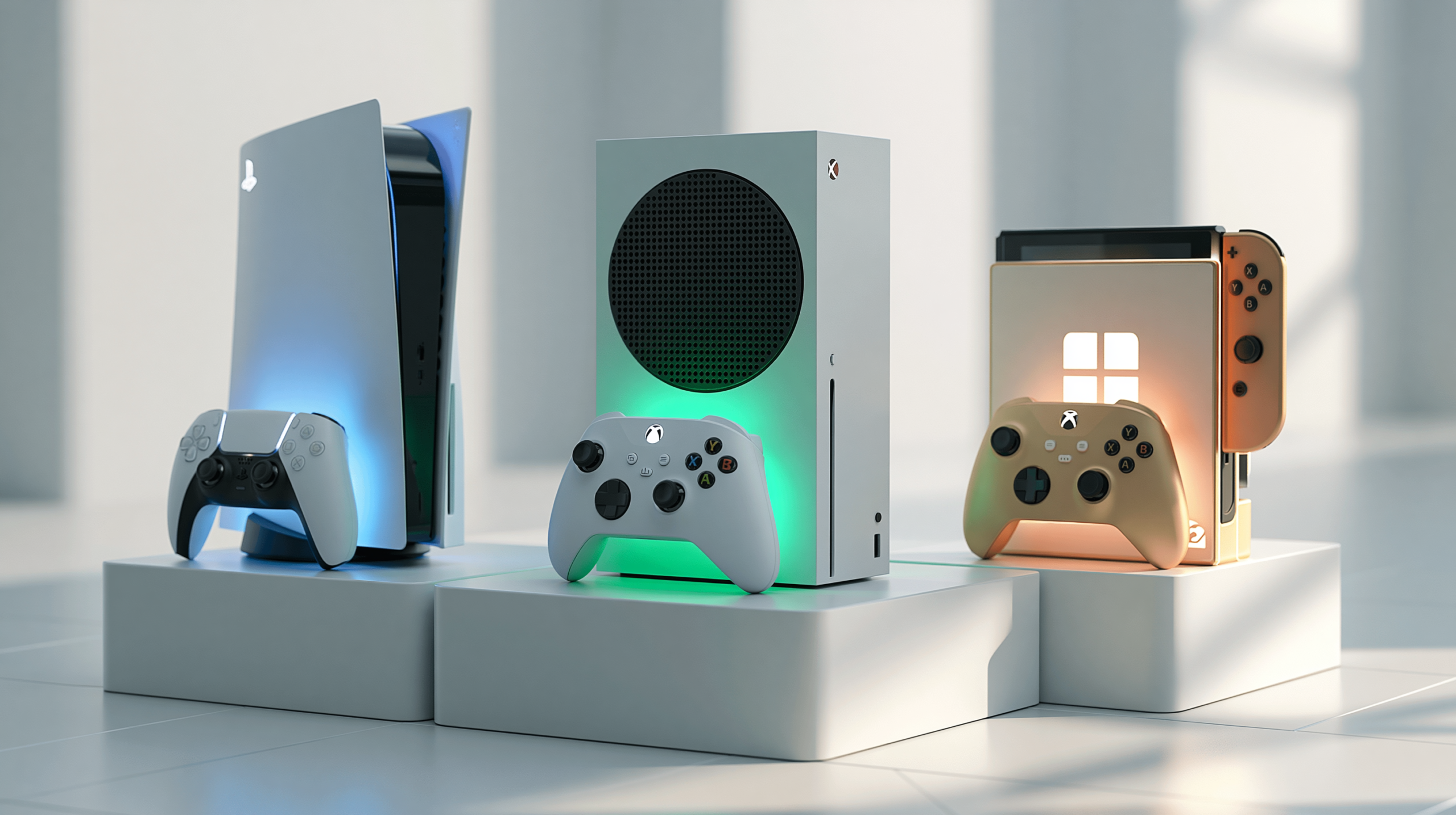 Três consoles PlayStation 5, Xbox Series X e Nintendo Switch 2 exibidos em ambiente minimalista com iluminação profissional.