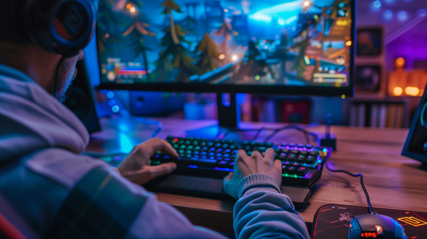 Jogador profissional de esports jogando Fortnite em setup gamer de alta performance com monitor ultrawide e iluminação RGB