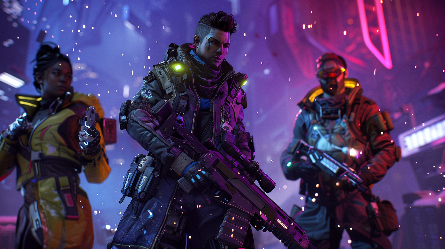 Três personagens heróis de um jogo battle royale com habilidades únicas em formação tática em cenário futurista