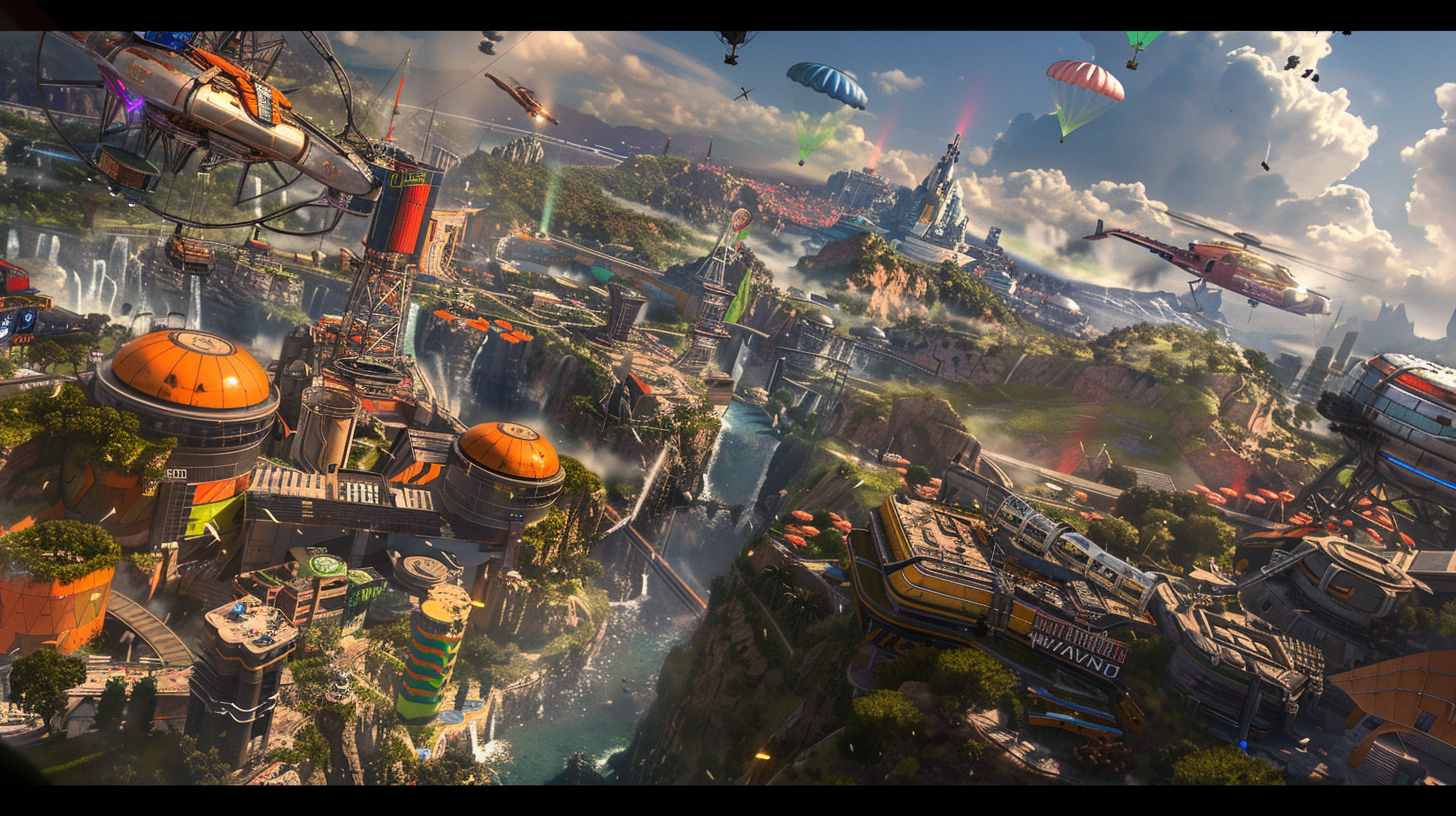 Paisagem de batalha digital mostrando cenários de Fortnite, Warzone, Apex Legends e PUBG lado a lado com paraquedistas descendo em um mapa de battle royale