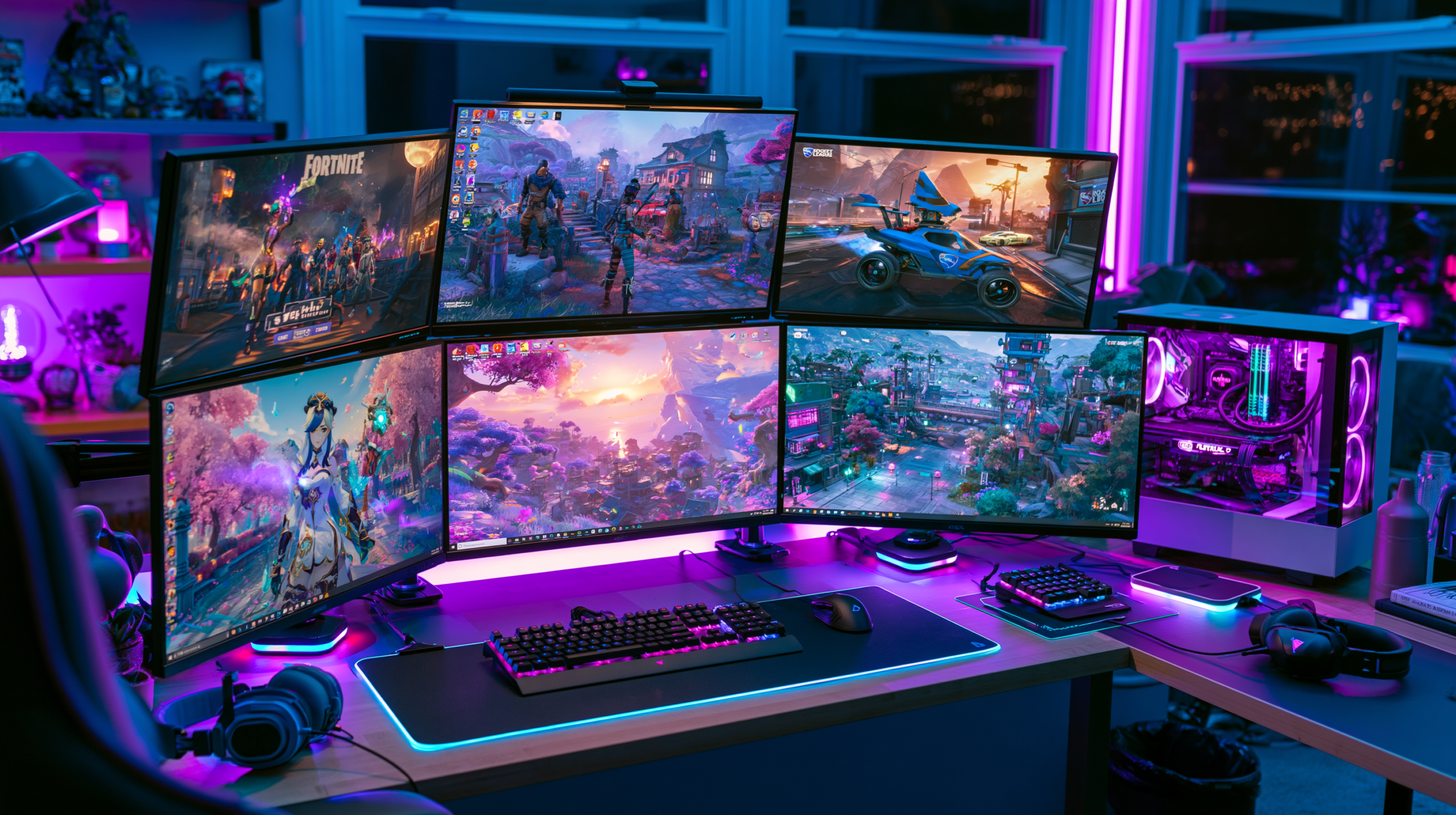 PC gaming setup com múltiplos monitores exibindo jogos grátis populares como Fortnite, Genshin Impact e Rocket League com iluminação neon