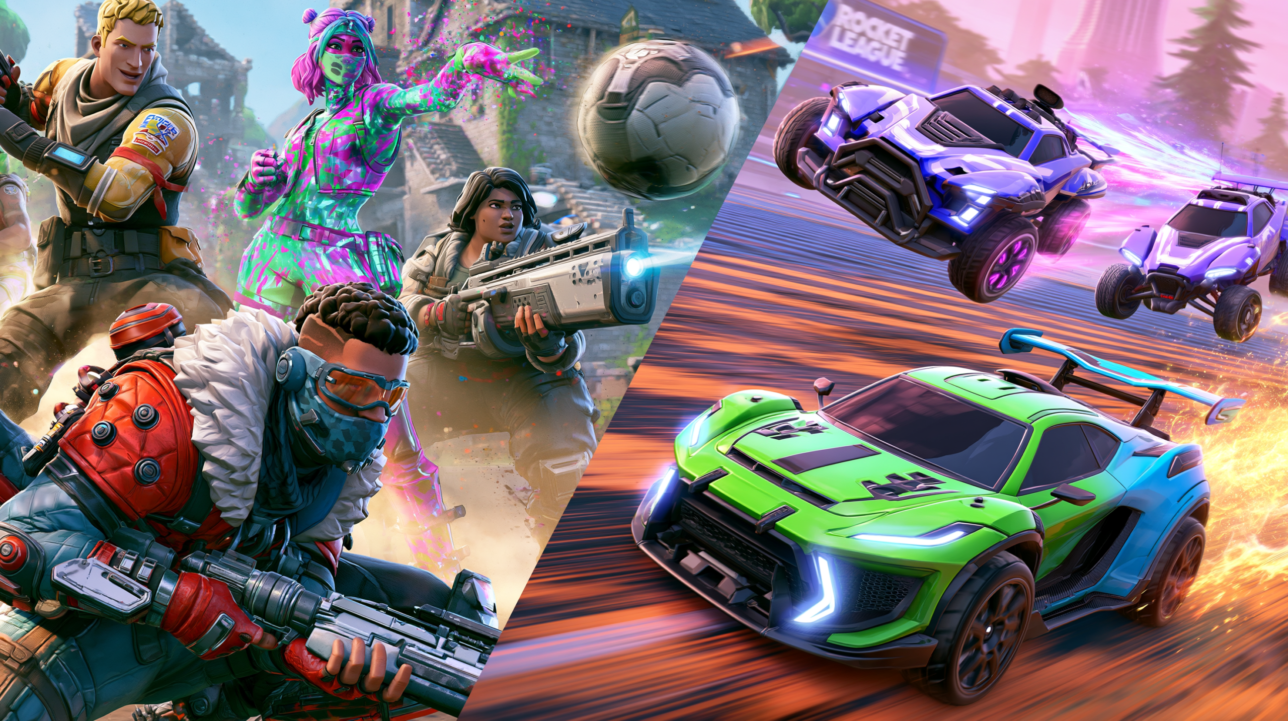 Split-screen mostrando gameplay intenso de Fortnite com mecânicas de construção e Rocket League com ação dinâmica de carros jogando futebol