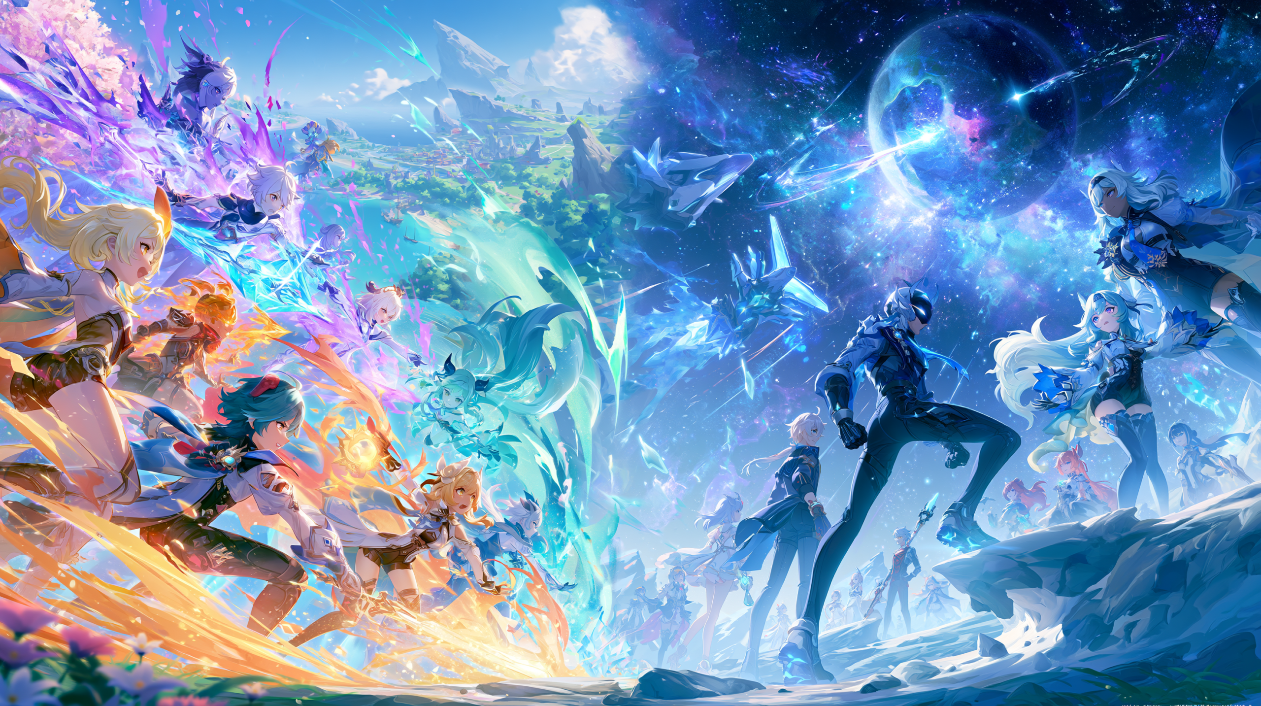 Personagens e ambientes de RPG de Genshin Impact com efeitos elementais vibrantes comparados ao aesthetic sci-fi de Honkai: Star Rail
