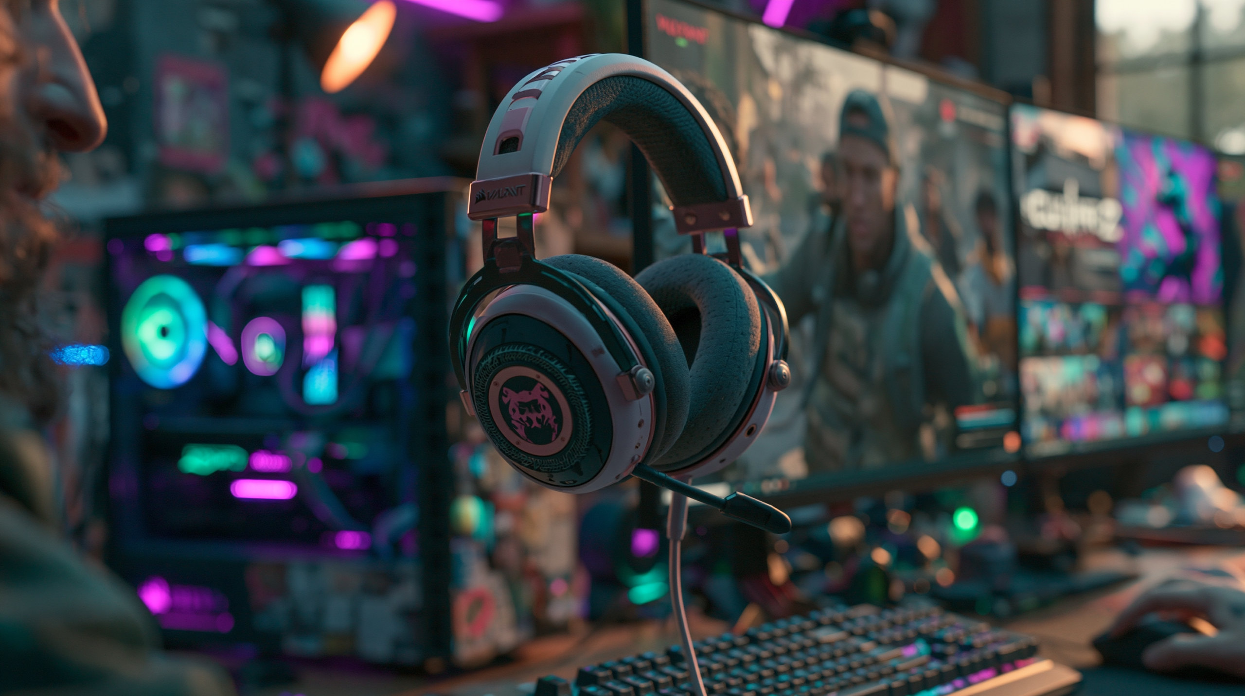 Configuração de gaming profissional com PC gamer, múltiplos monitores exibindo jogos de tiro gratuitos, headphone, teclado mecânico e iluminação RGB em ambiente escuro.