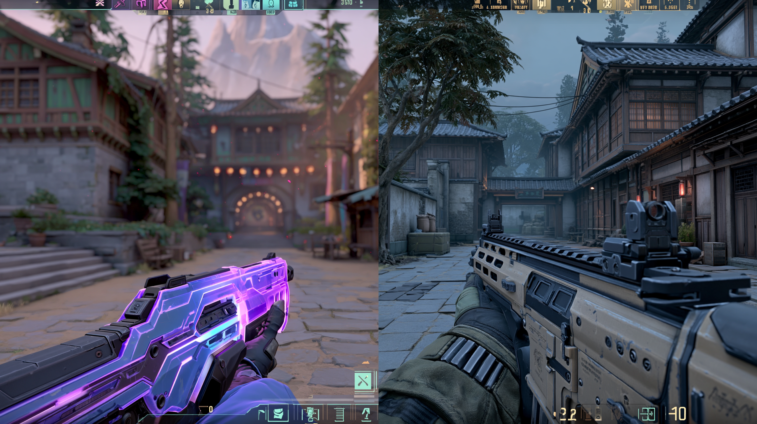 Comparação lado a lado das interfaces de Valorant e Counter-Strike 2, mostrando as diferenças visuais, ícones de habilidades, economia de armas e elementos táticos de cada jogo.