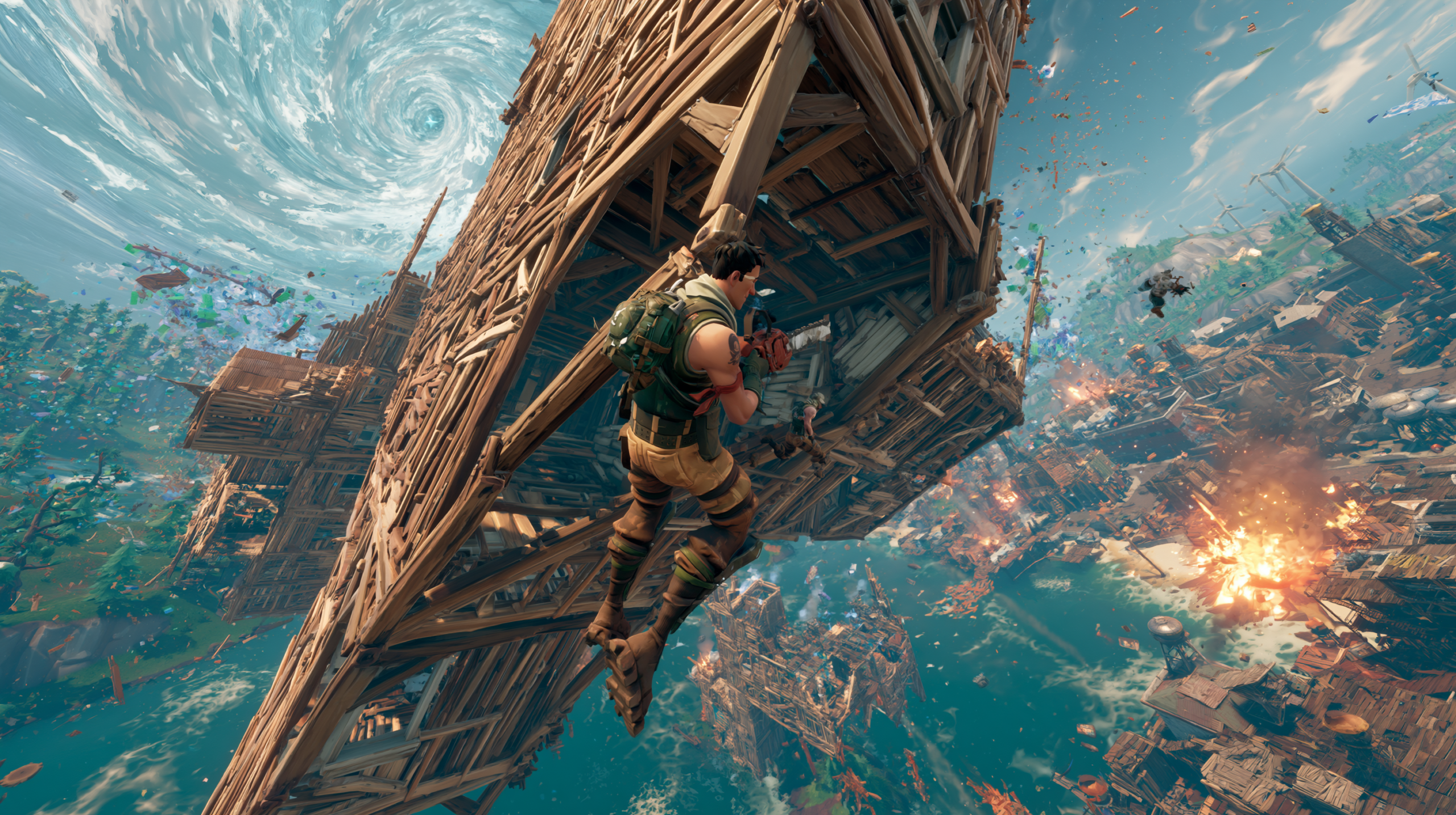 Cena intensa de gameplay de Fortnite mostrando um jogador construindo estruturas defensivas durante combate, com tempestade ao fundo e elementos coloridos de destruição do cenário.