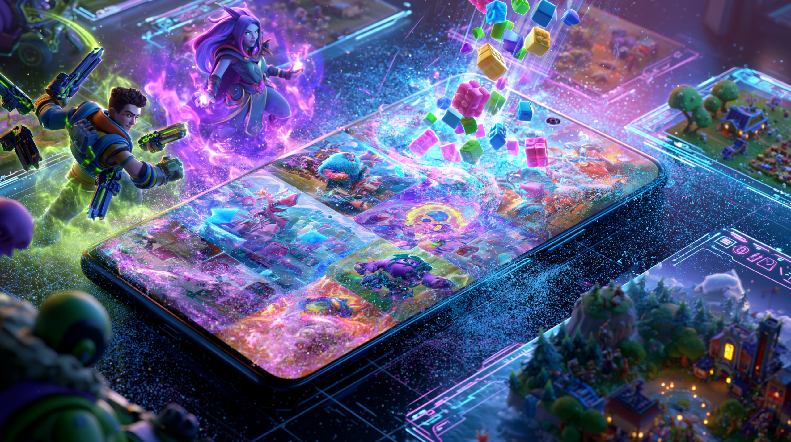 Smartphone Android topo com diversos jogos mobile 2026 em sua tela cercado por personagens e efeitos visuais coloridos com iluminação neon.