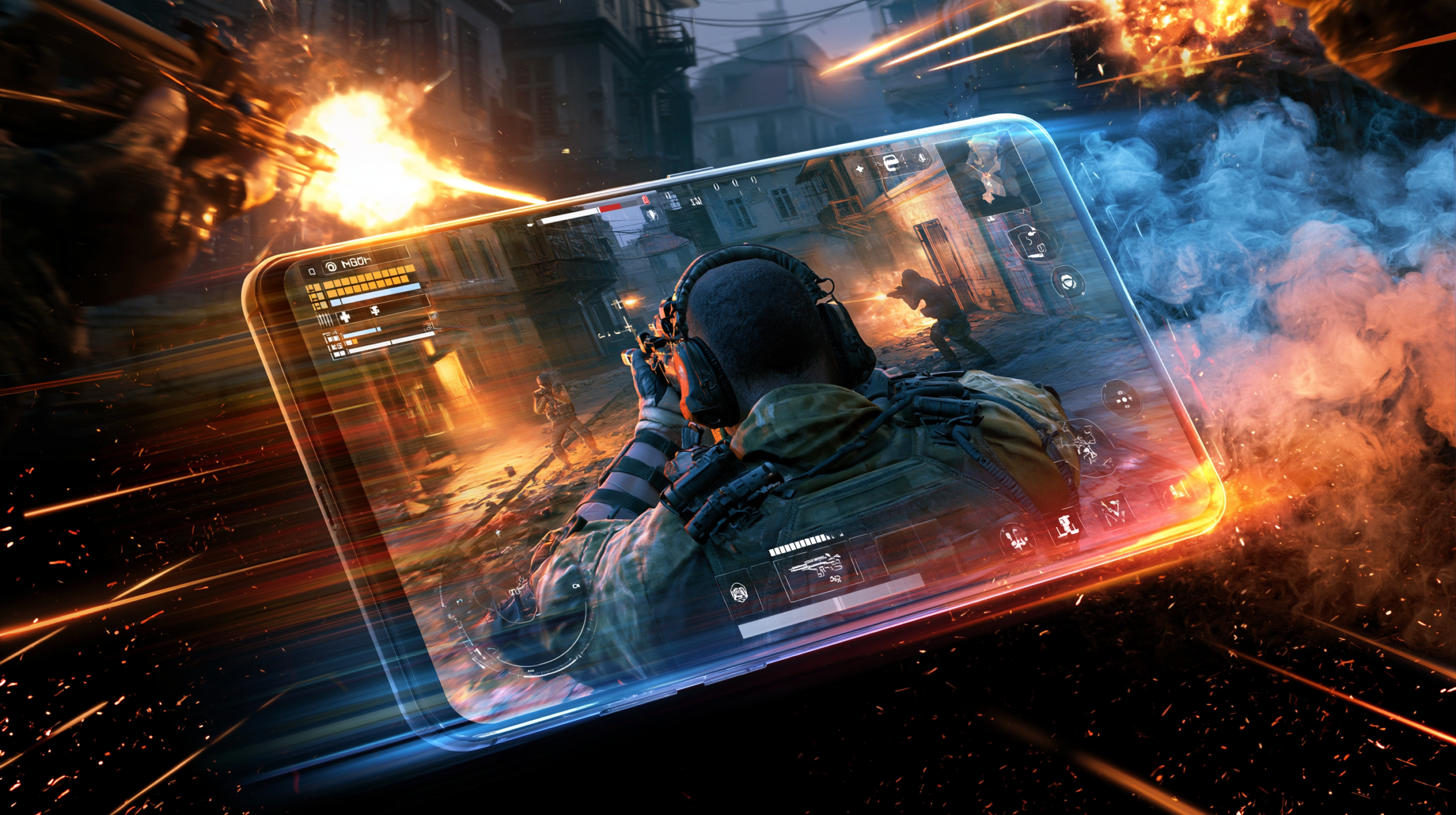 Smartphone exibindo jogo de tiro em primeira pessoa com interface de combate, mostrando personagem em ambiente urbano com UI de saúde e munição.