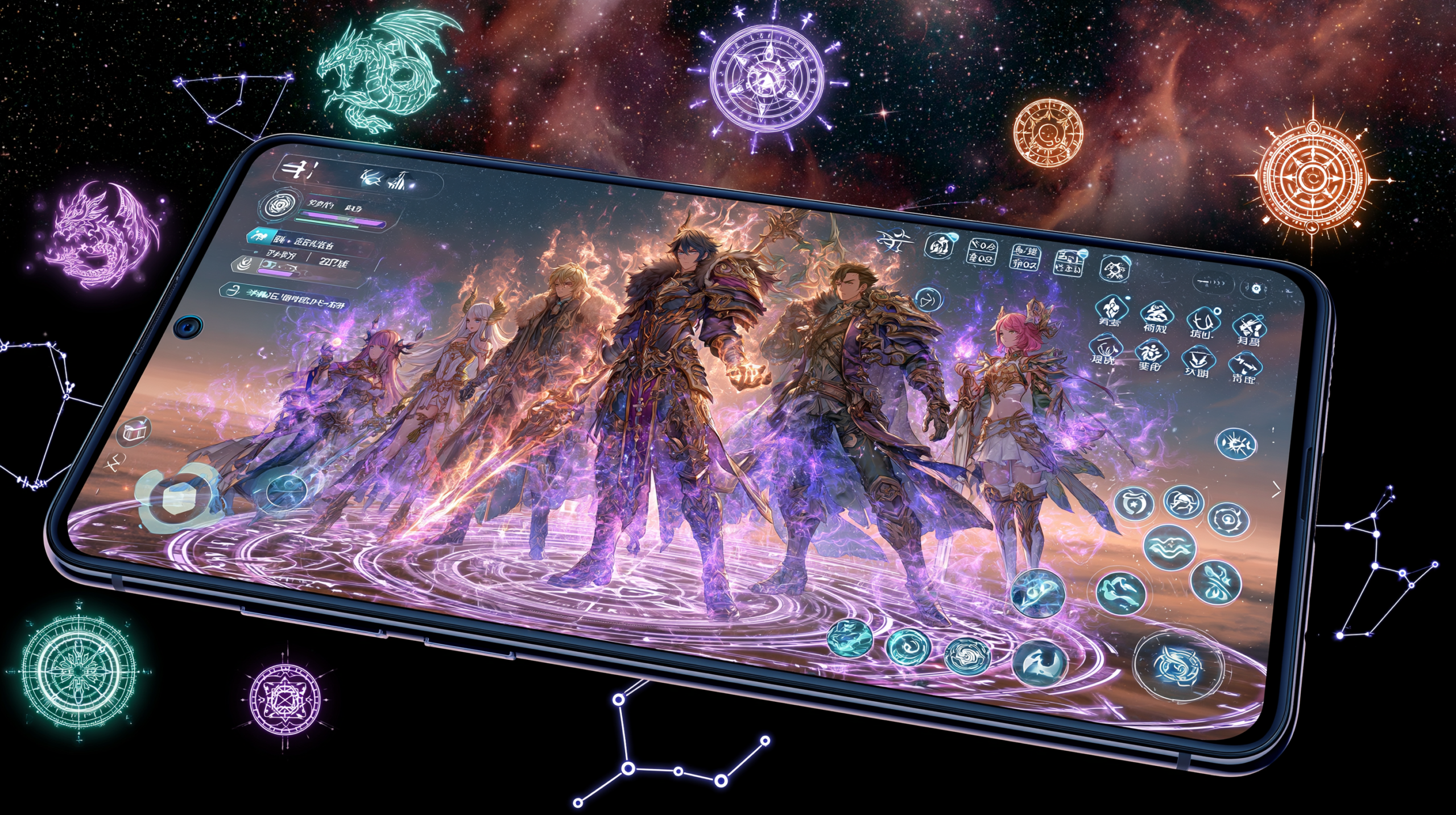 Smartphone rodando RPG mobile com party de personagens em estilo anime, interface de combate em turnos e efeitos visuais cósmicos de alta qualidade.