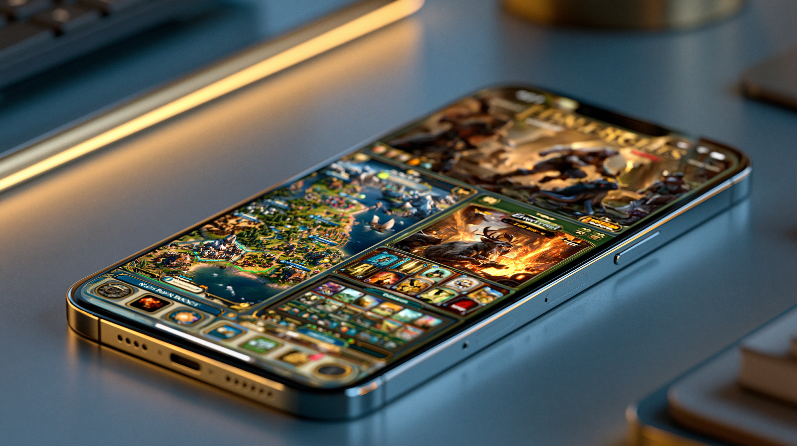 iPhone 15 Pro exibindo os melhores jogos mobile iOS 2026 com gráficos de alta qualidade em um ambiente premium