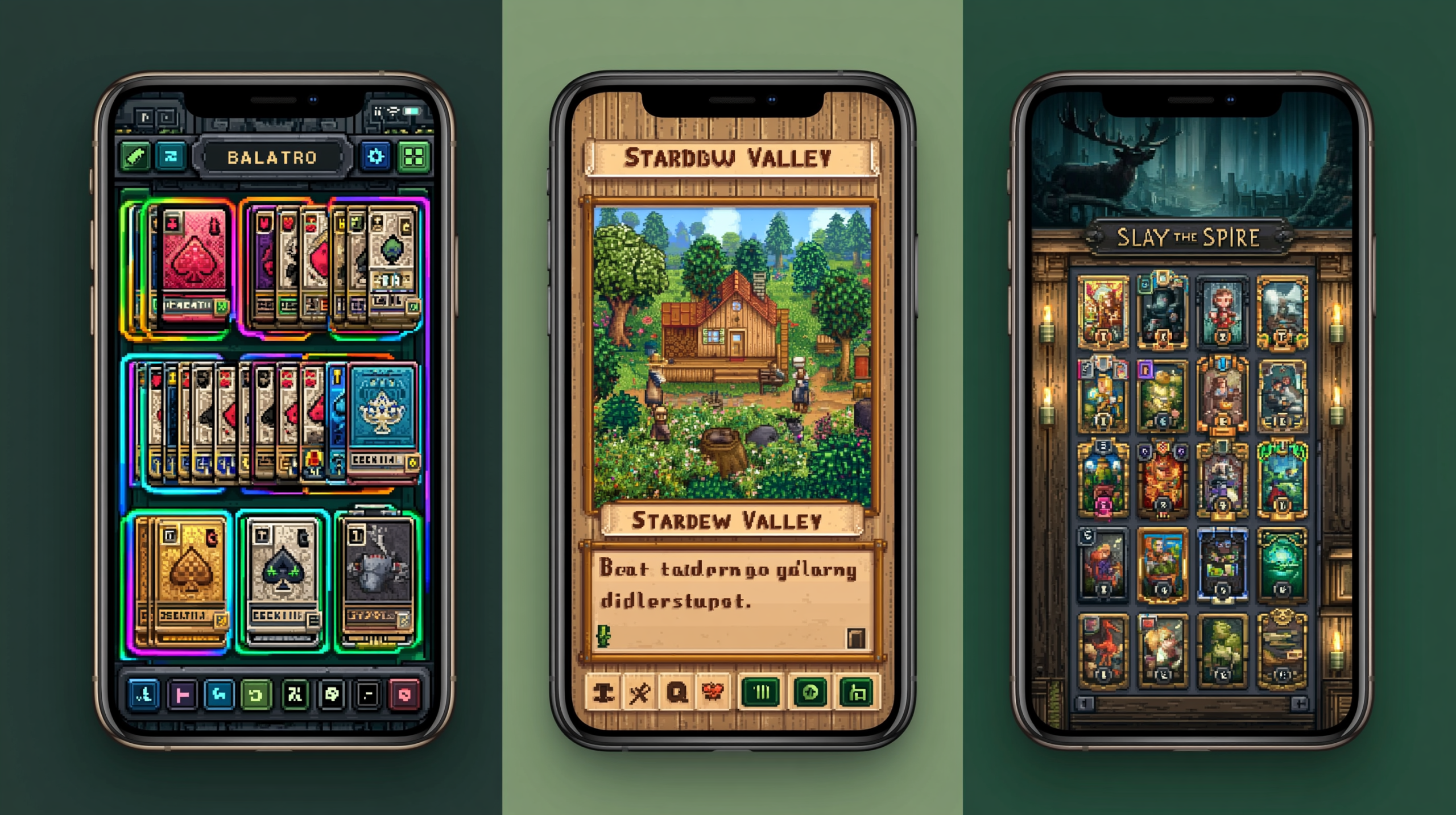Comparação visual dos melhores jogos premium iOS 2026: Balatro, Stardew Valley e Slay the Spire exibidos em interfaces de iPhone