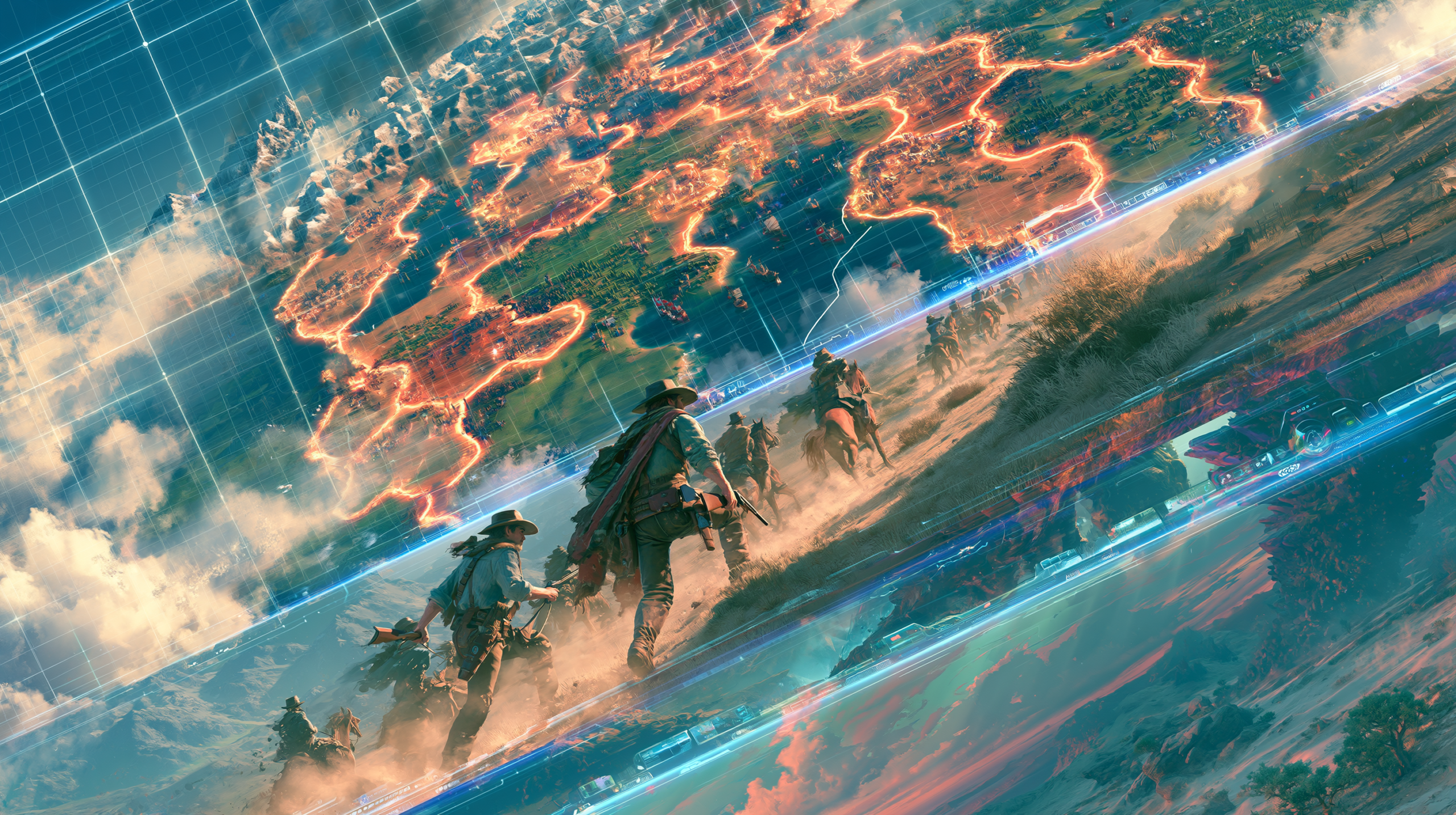 Montagem visual dos principais gêneros de jogos mobile iOS 2026: estratégia com Civilization VII e ação/aventura com Red Dead Redemption e Subnautica