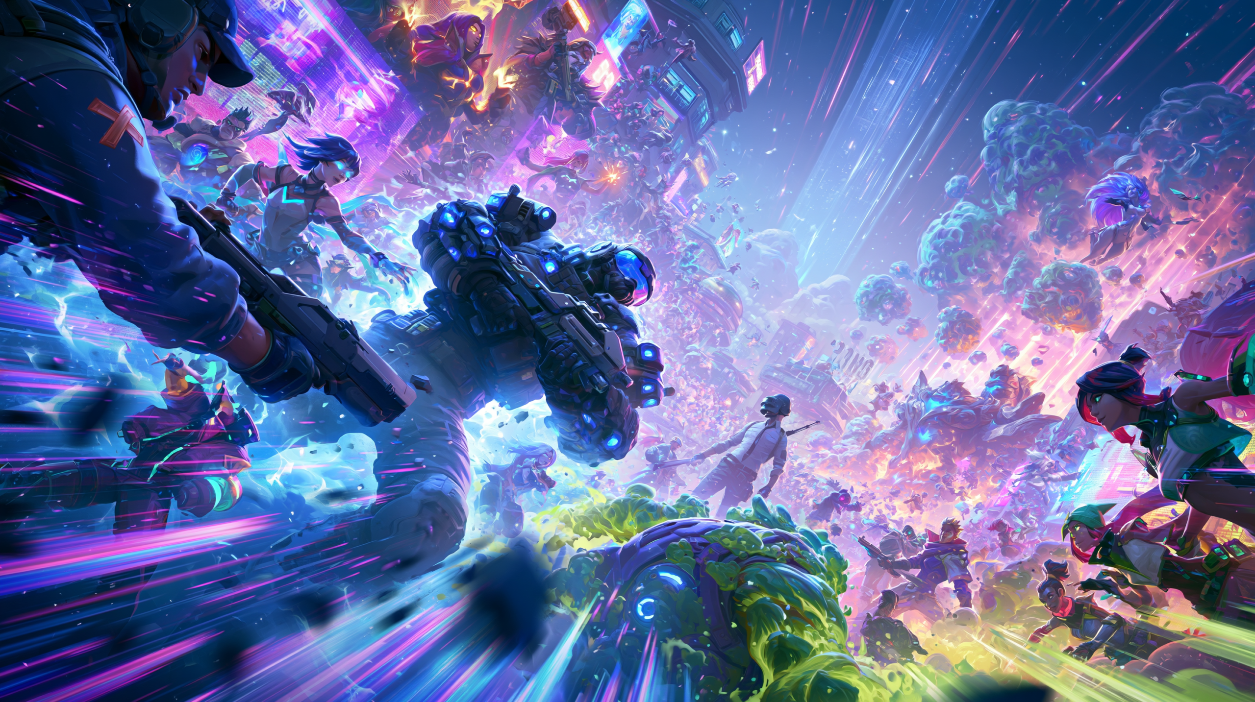 Cena dinâmica e cinematográfica mostrando múltiplos jogos multiplayer PC populares em ação com iluminação neon azul e roxa