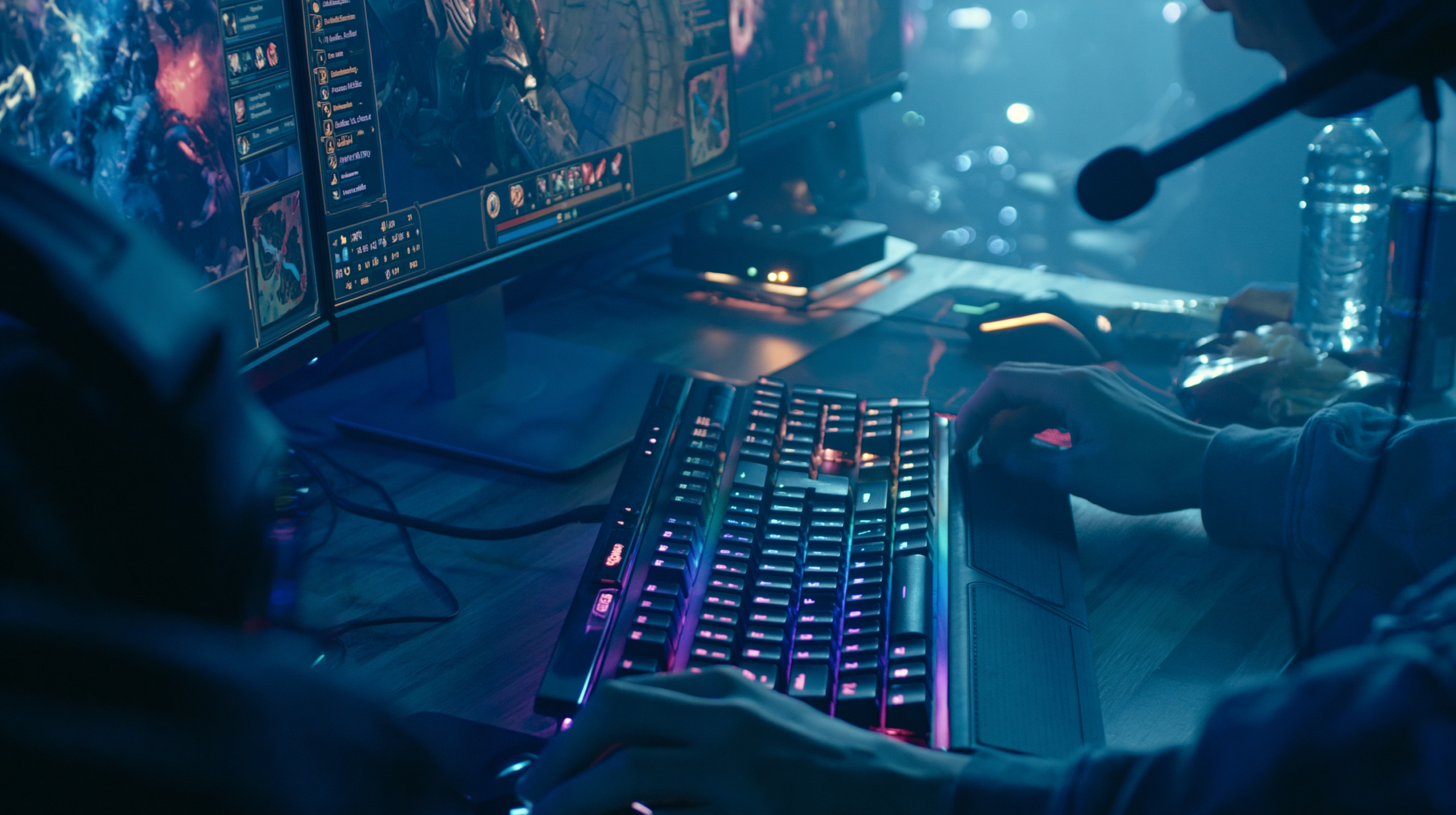 Setup profissional de jogador de esports com teclado mecânico RGB, mouse gamer e monitores duais durante partida competitiva