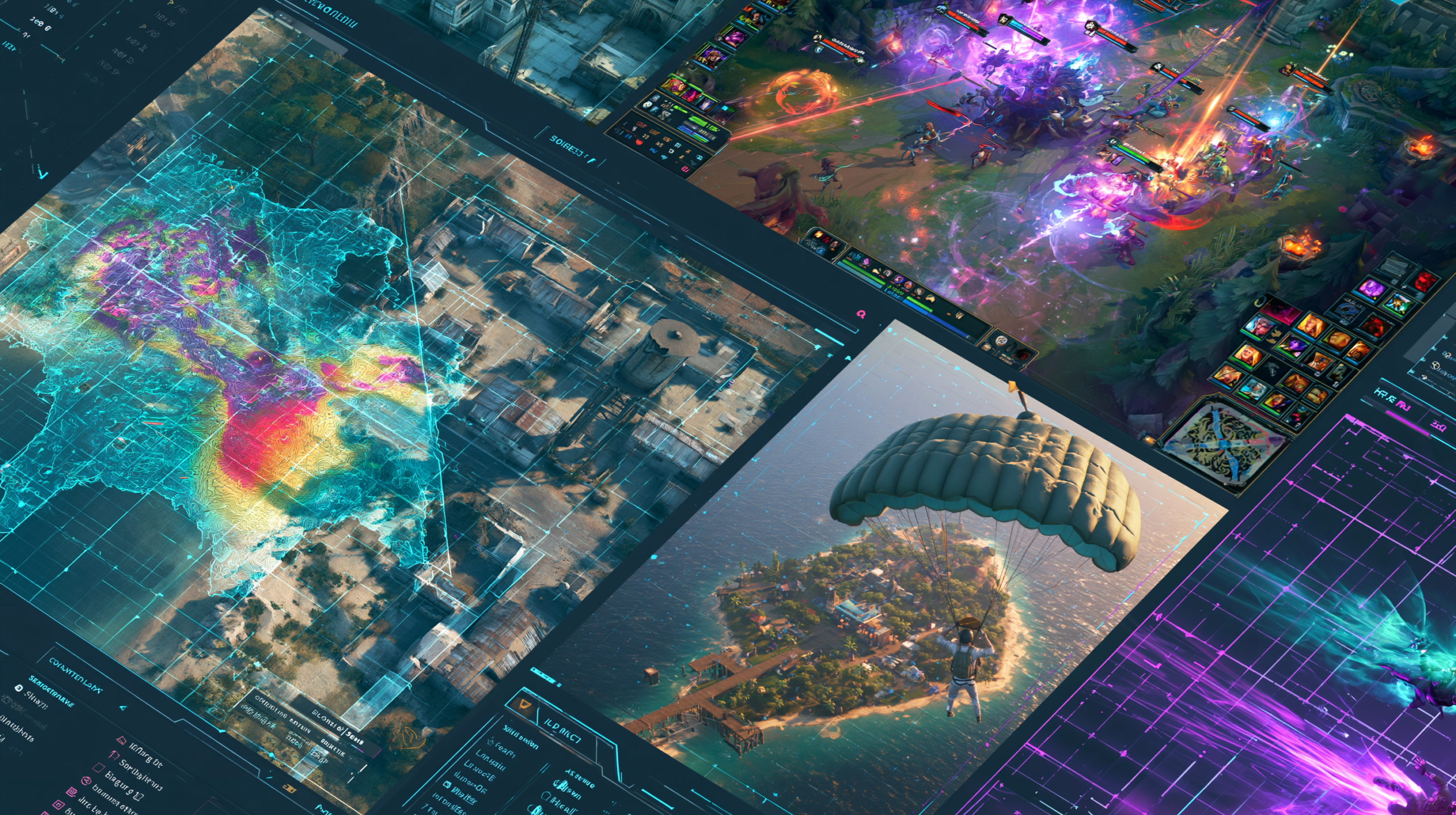 Composição dividida mostrando four principais jogos multiplayer PC com diferentes estilos de gameplay e mecânicas visuais