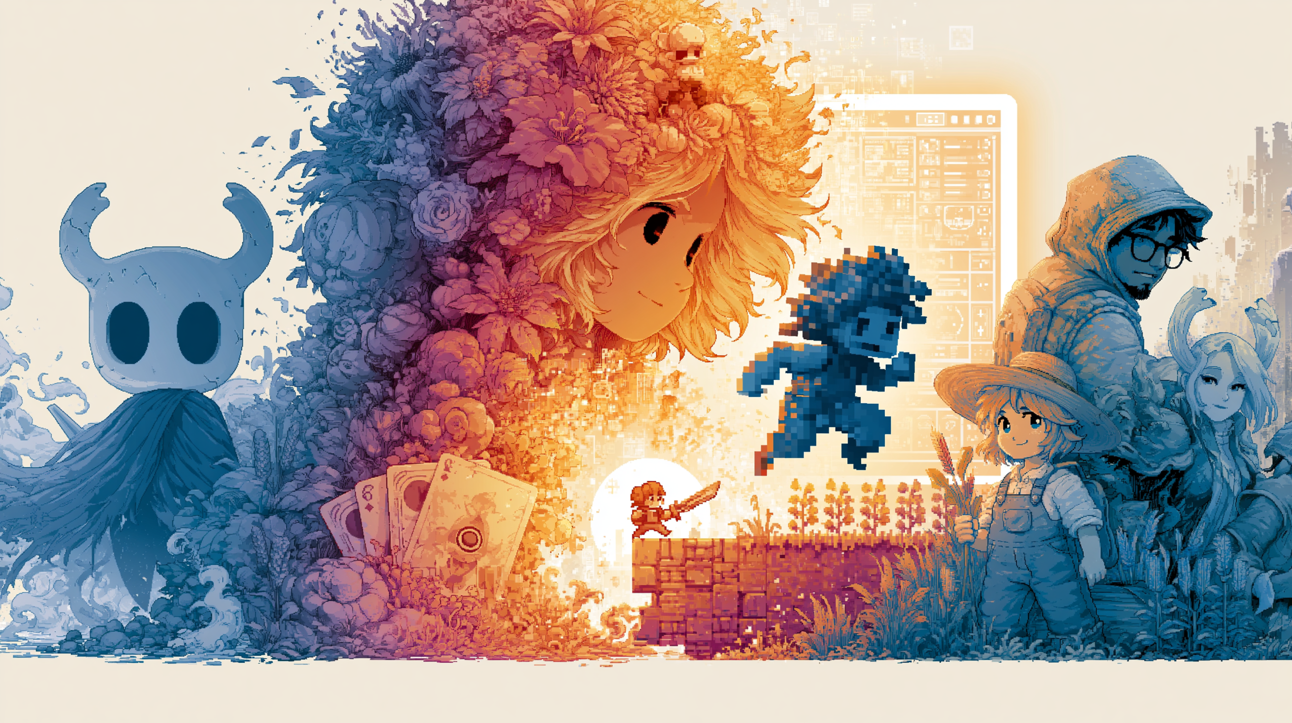 Collage vibrante de personagens de jogos indie, incluindo Hollow Knight e elementos de Stardew Valley e Balatro, com monitor de computador ao fundo em estética gamer moderna