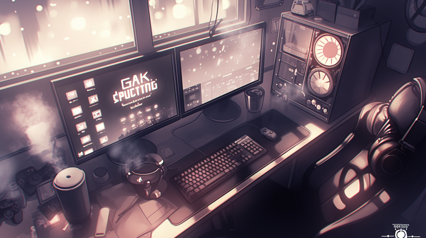 Plataformas de distribuição de jogos indie (Steam, itch.io e GOG) exibidas em monitores de computador com periféricos gamer em mesa minimalista