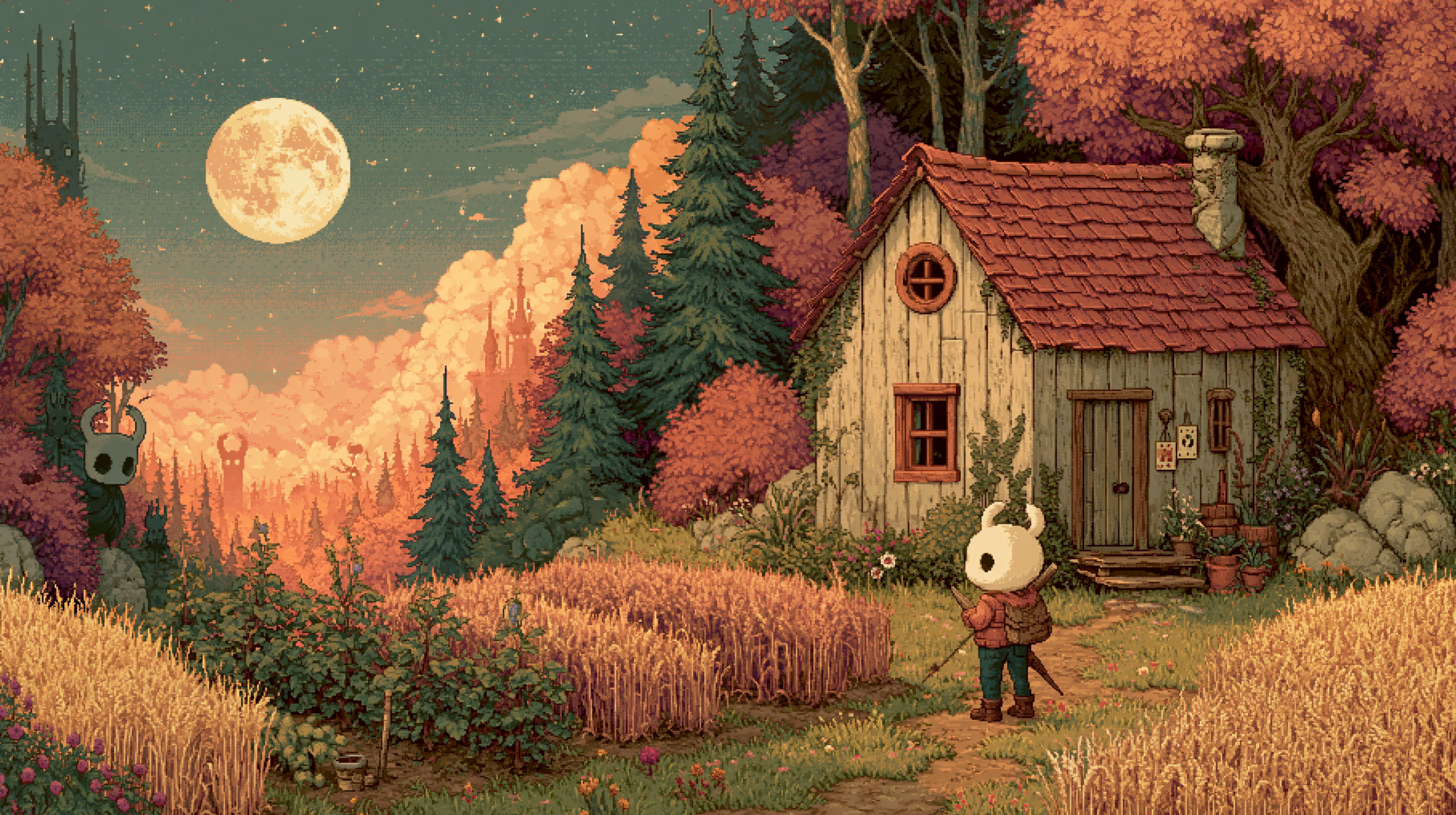 Composição artística mostrando personagens e elementos de jogos indie populares: fazendeiro de Stardew Valley, silhuetas de Hollow Knight e cartas de Balaro em cenário aconchegante
