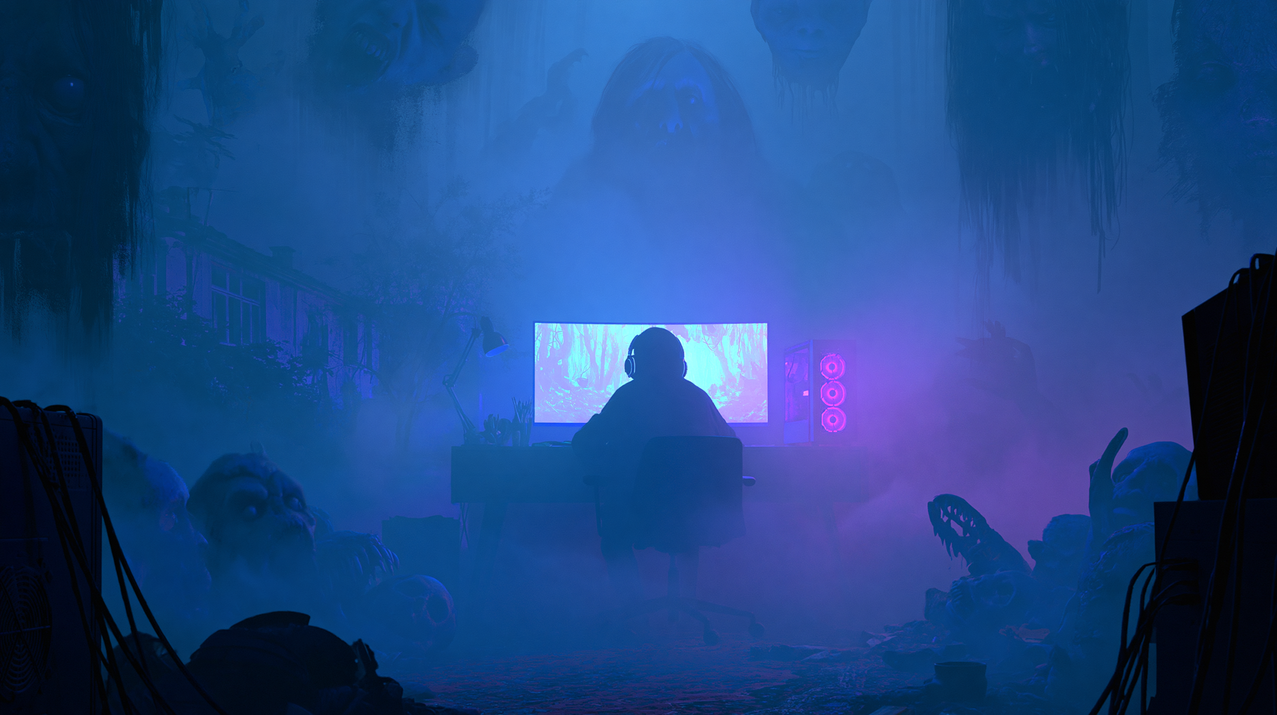 Gamer em silhueta sentado em frente a monitor de PC com luz azul e roxa, rodeado por elementos de jogos de horror como criaturas distorcidas e edifícios abandonados em atmosfera sombria e misteriosa