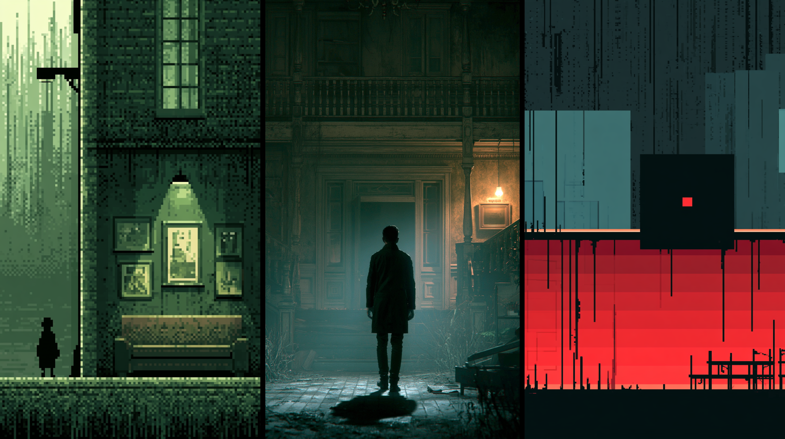 Comparação visual de três subgêneros de jogos indie de horror: pixel-art retrô com tons verdes, simulador narrativo psicológico em mansão vitoriana abandonada, e jogo abstrato minimalista com formas geométricas e gradientes perturbadores