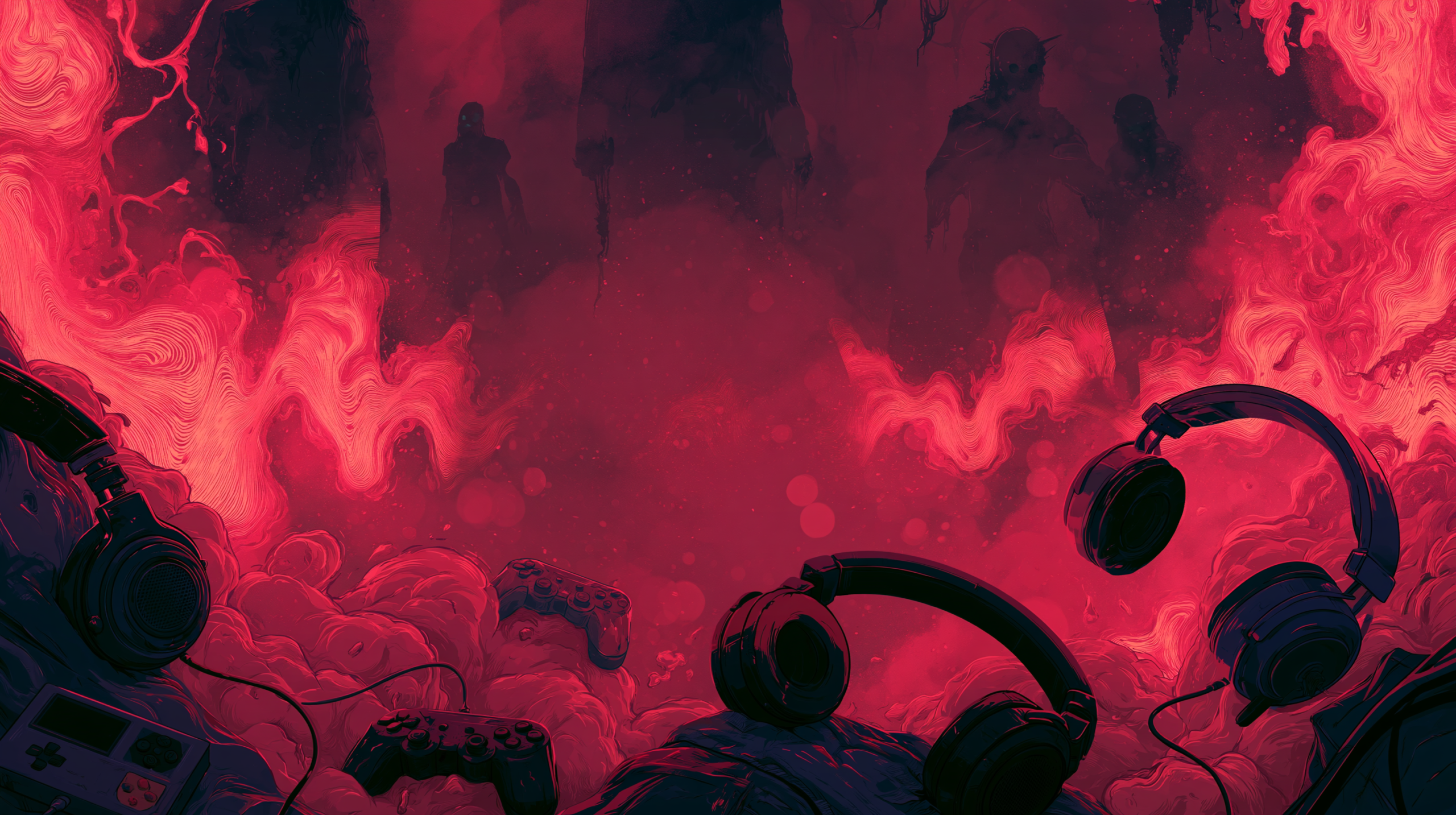 Composição artística abstrata mostrando elementos que tornam jogos indie de horror memoráveis: ondas sonoras como tentáculos vermelhos, névoa atmosférica, silhuetas assombradas, controles de jogo e fones de ouvido em paleta de cores escura com acentos em carmesim e roxo profundo