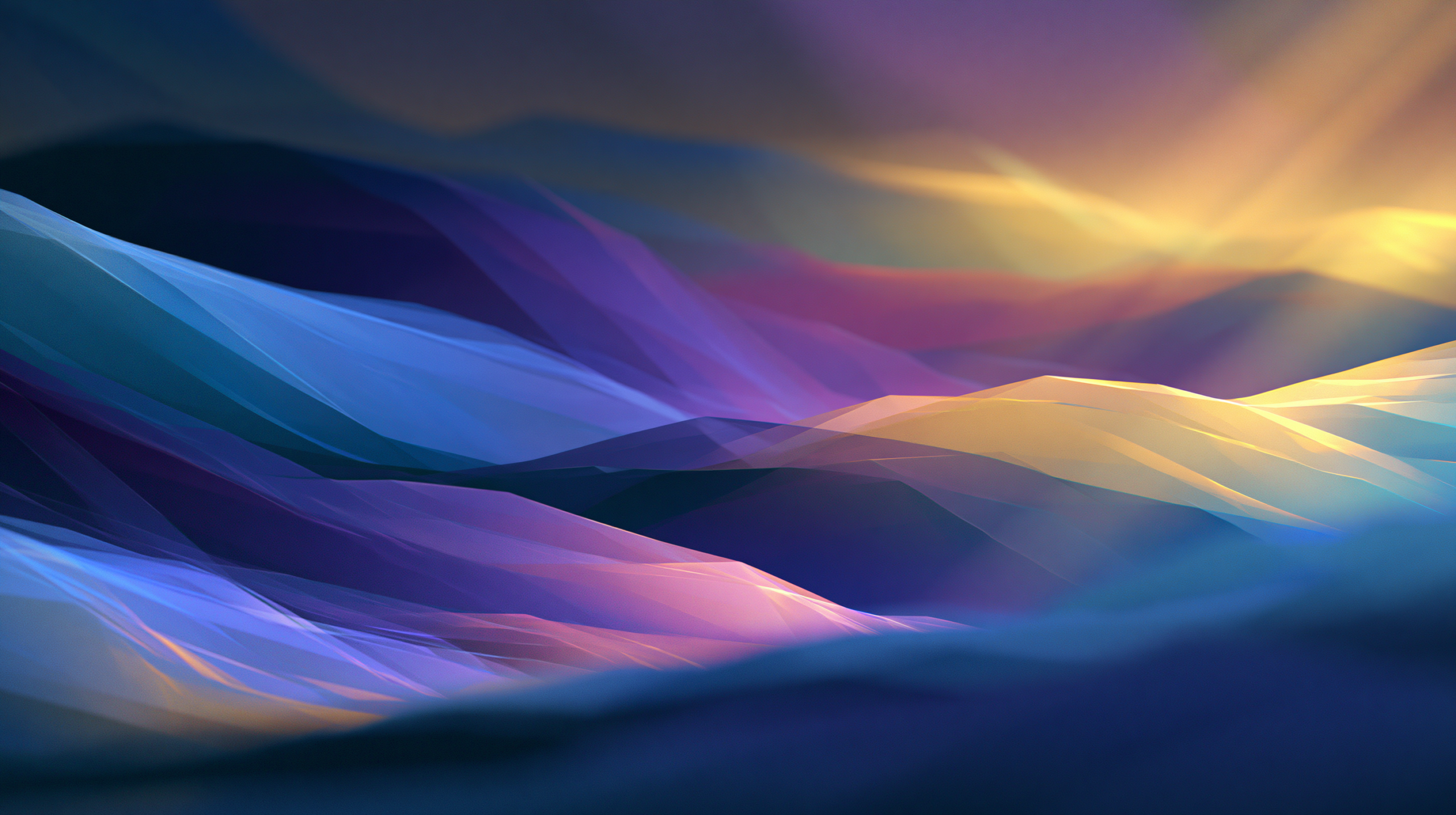Paisagem digital abstrata com cores prismáticas em tons de azul, roxo e ouro, representando excelência visual e design artístico de jogos indie premiados.