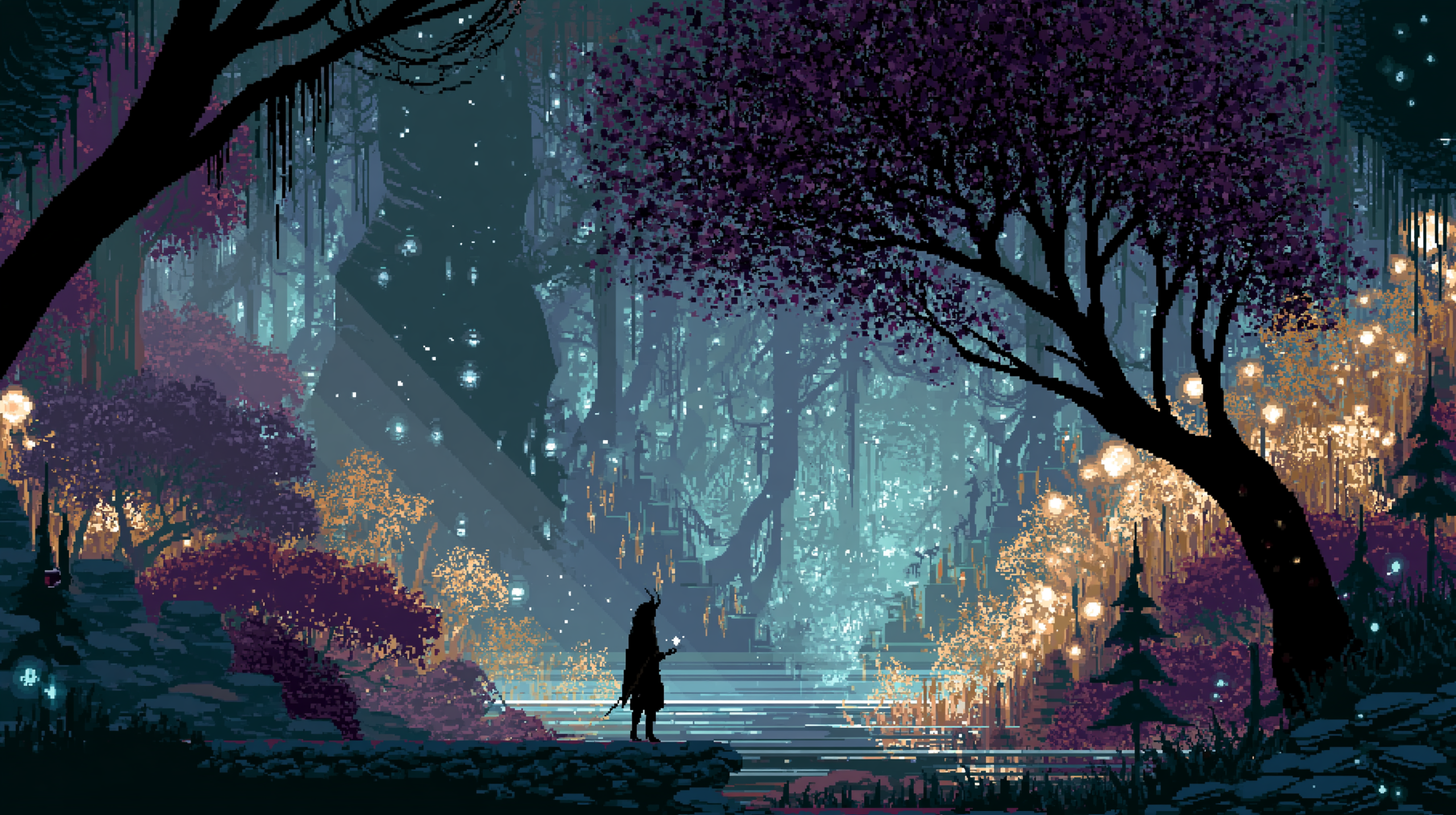 Cena atmosférica mostrando explorador em um mundo de pixel art interconectado e envolvente, com elementos de sombra e luz em tons de roxo profundo e acentos luminosos em ciano e ouro.