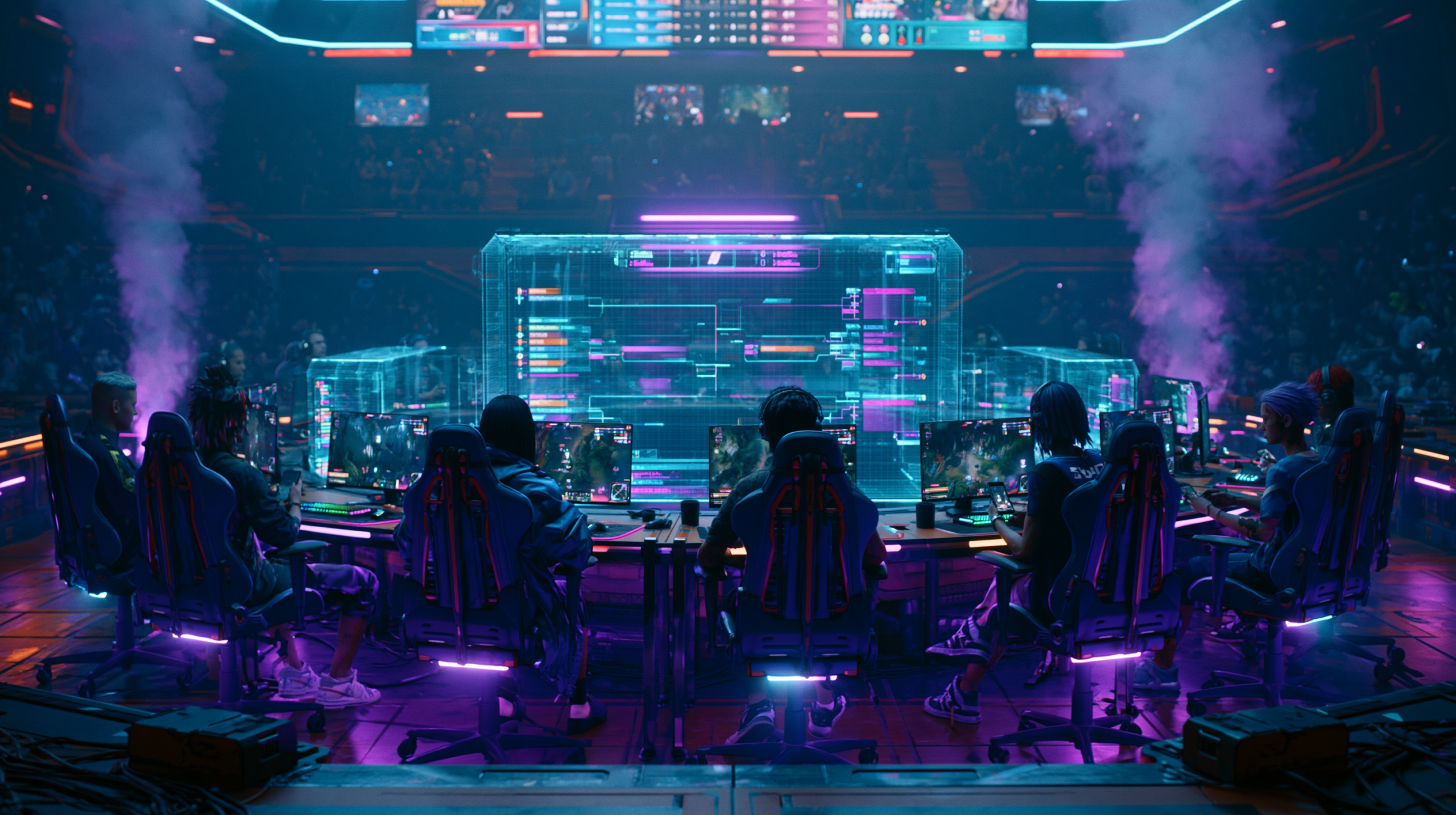 Arena profissional de mobile esports com jogadores competindo em smartphones com iluminação RGB e displays holográficos de estatísticas em tempo real