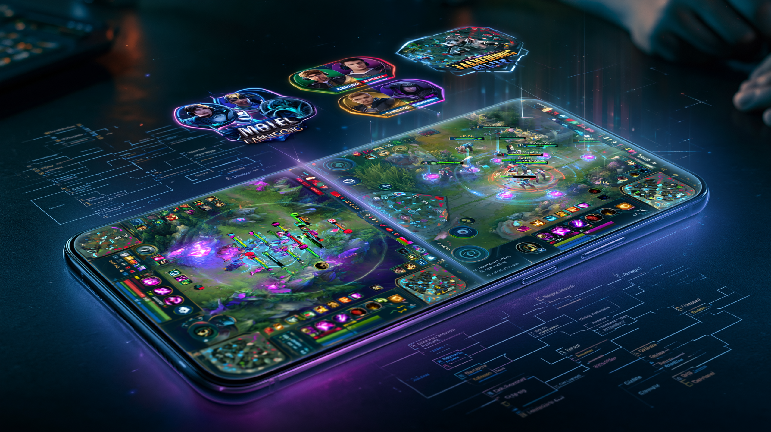 Interfaces dos jogos Mobile Legends Bang Bang e PUBG Mobile em smartphones profissionais lado a lado mostrando elementos de competição e HUD de torneios